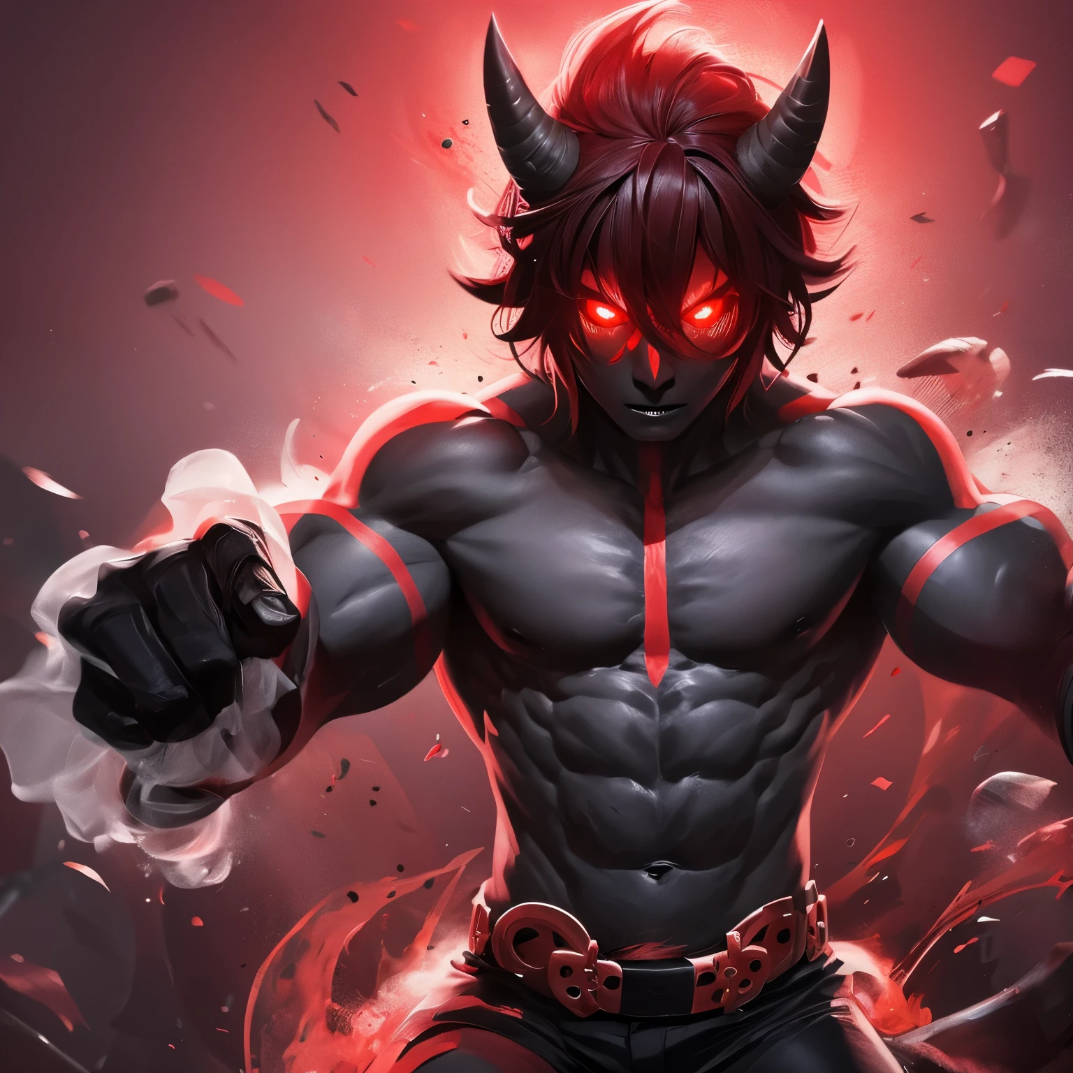 Oni boy with black skin and red eyes and hair