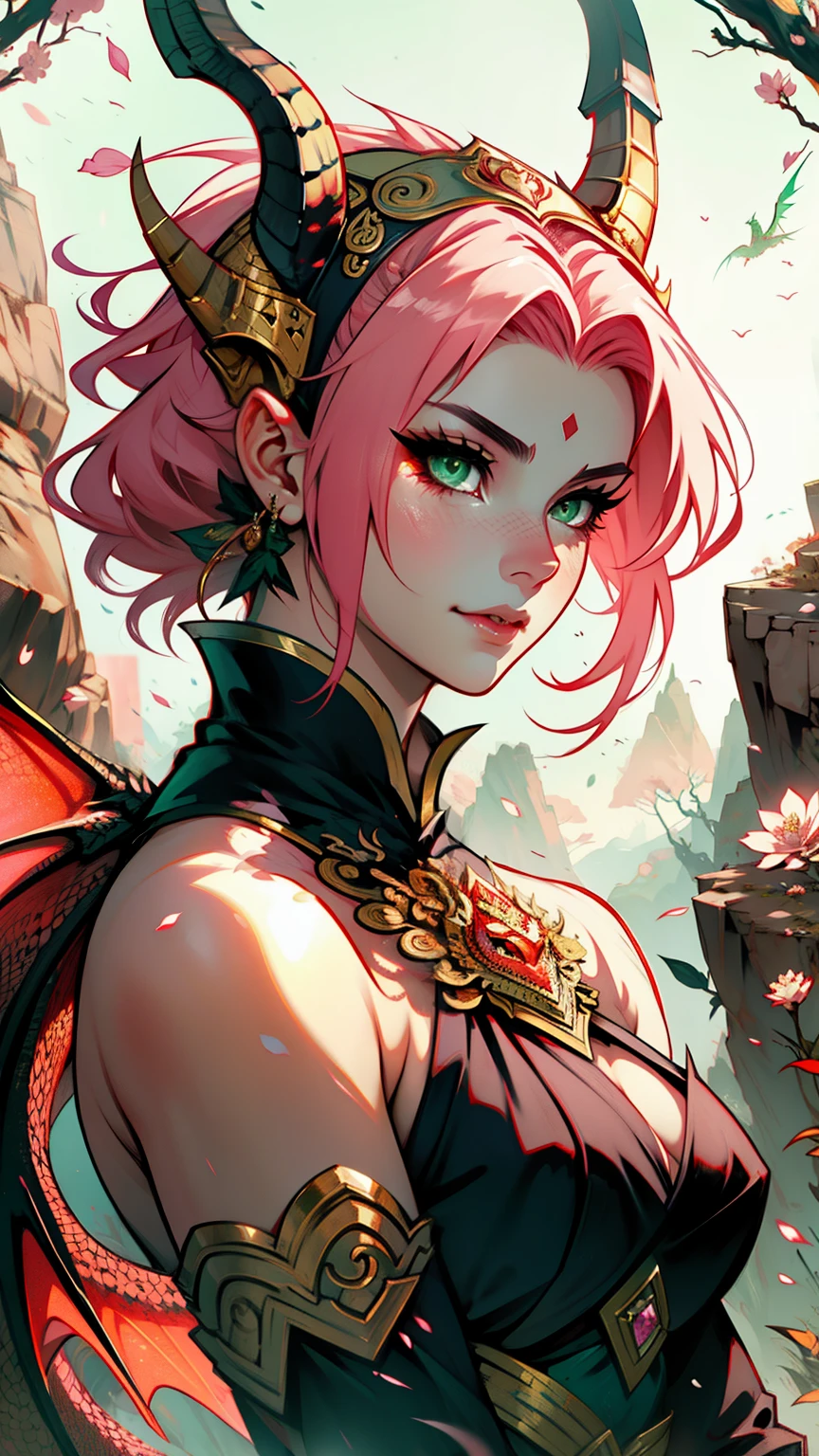 1 mulher, Mother of the Dragons ,strong emotions, sakura, Dragon, cabelo curto, luz, foco, Dragon Tamer, corpo inteiro, horns on head, com um filhote de Dragon ns braços, solo, armadura