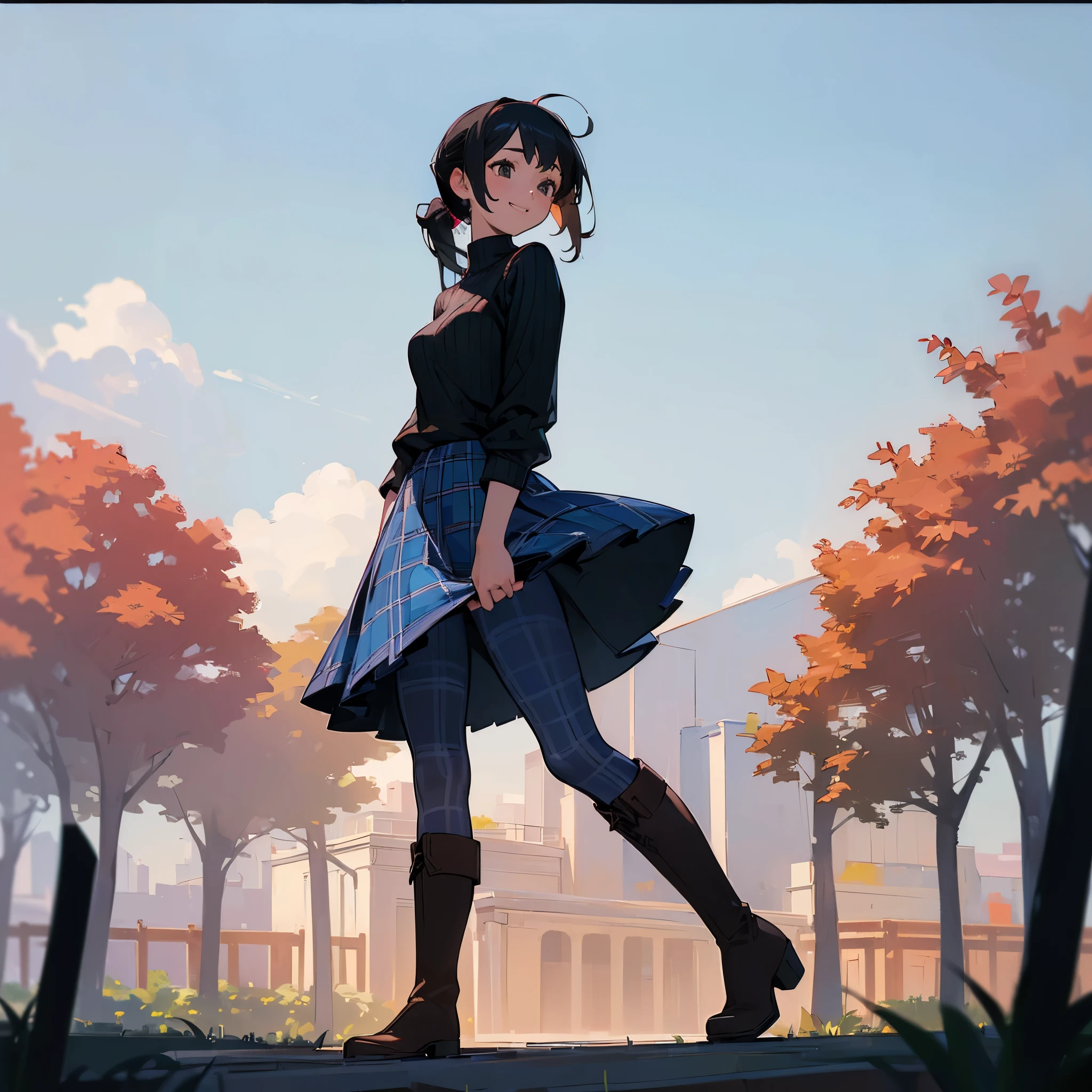 (high quality, high resolution, Super detailed, Reality:1.37), peaceful atmosphere, (outdoor, garden), girl standing alone, (My breasts are big.), Beautiful detailed features, cute smile, (black hair ponytail), ribbed sweater, blue plaid skirt, Black tights, brown boots.