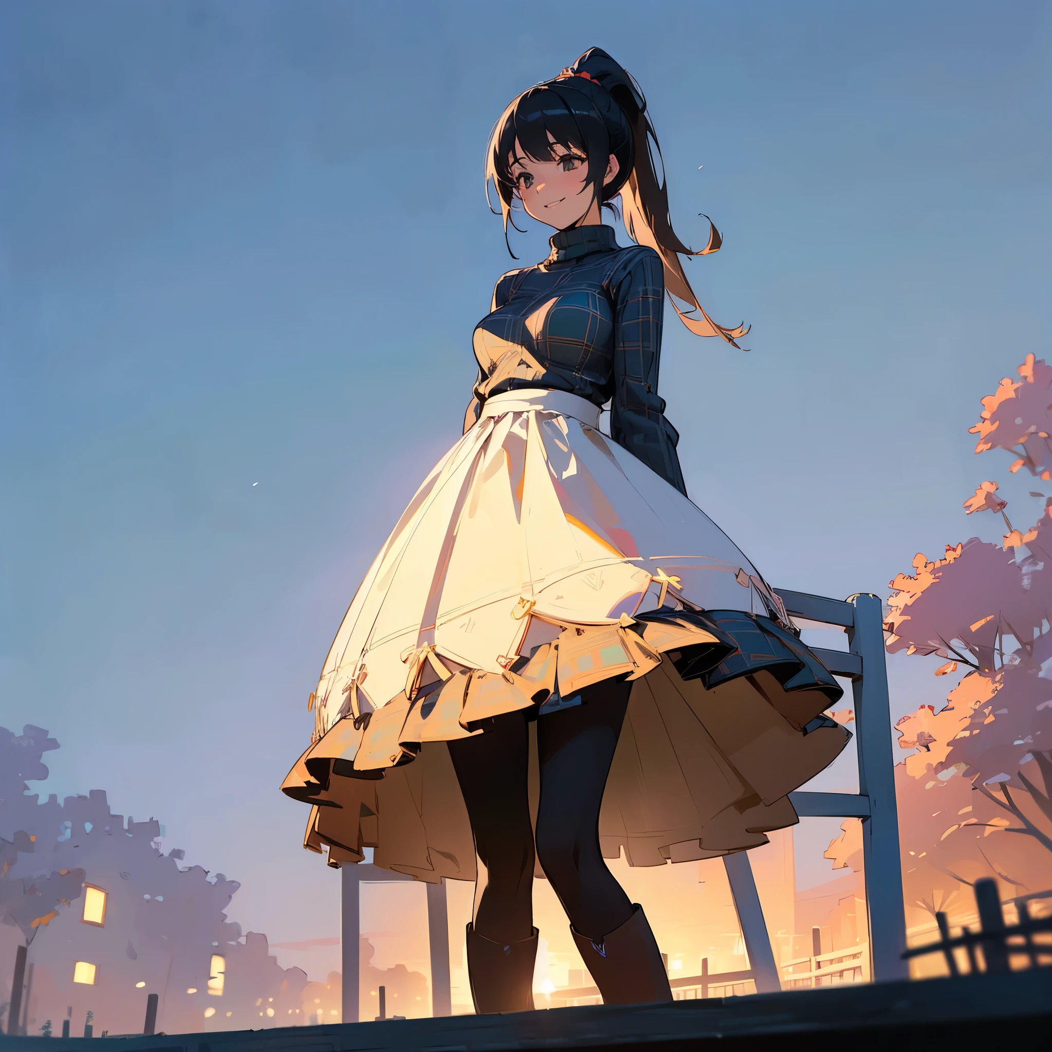 (high quality, high resolution, Super detailed, Reality:1.37), peaceful atmosphere, (outdoor, garden), Teenage girl standing alone, (My breasts are big.), Beautiful detailed features, cute smile, (black hair ponytail), ribbed sweater, blue plaid skirt, Black tights, brown boots.
