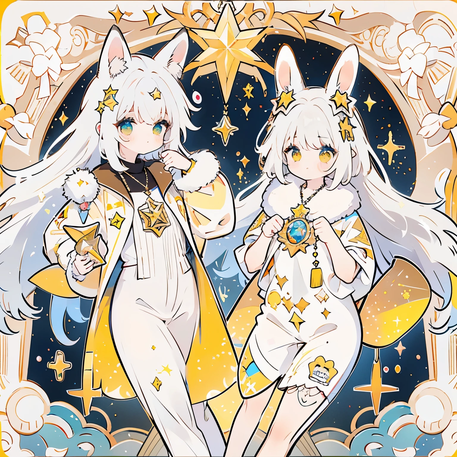 two girls, rabbit ears, cat ears, coffee, taro cards, animal_ears, cross, furry, furry_female, gloves, sparkle, star_\(symbol\)+, star_hair_ornament, star_necklace, star_pasties, star_print, starfish, starry_background, tail, white_hair, yellow_background, yellow_theme, Ink and wash, mjtyhz, niji
