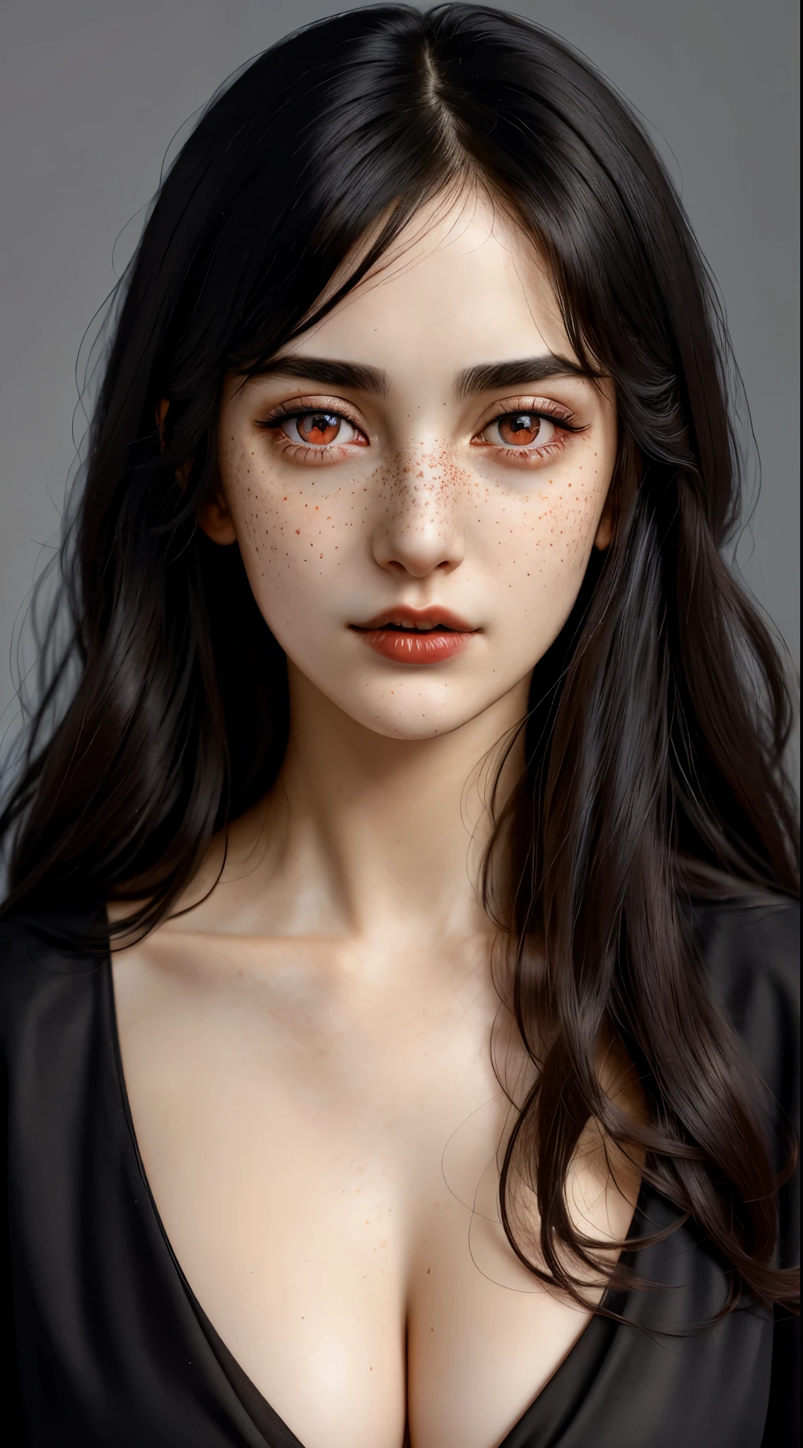 (best quality, hyperdetailed photography:1.2), beautiful lady, freckles,red eyes , black hair,dark makeup, soft light, snoopy breast,head and breast portrait, cover, (detailed beautiful face, detail skin texture, ultra-detailed body:1.1) sexy vampire girl,, massive perfect breast,