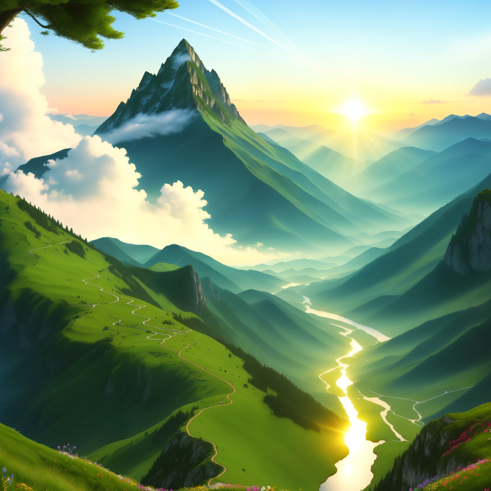 very beautiful scenery, Fine drawing,Realistic,16k,ultra high resolution,Towering peaks,The rays of the rising sun light up the sky,The sun rises in the sky,masterpiece, top quality, Very detailed, 16k, Flowers bloom all over the mountain at the foot of the mountain,Towering peaks,super clear,ultra high resolution,aesthetic