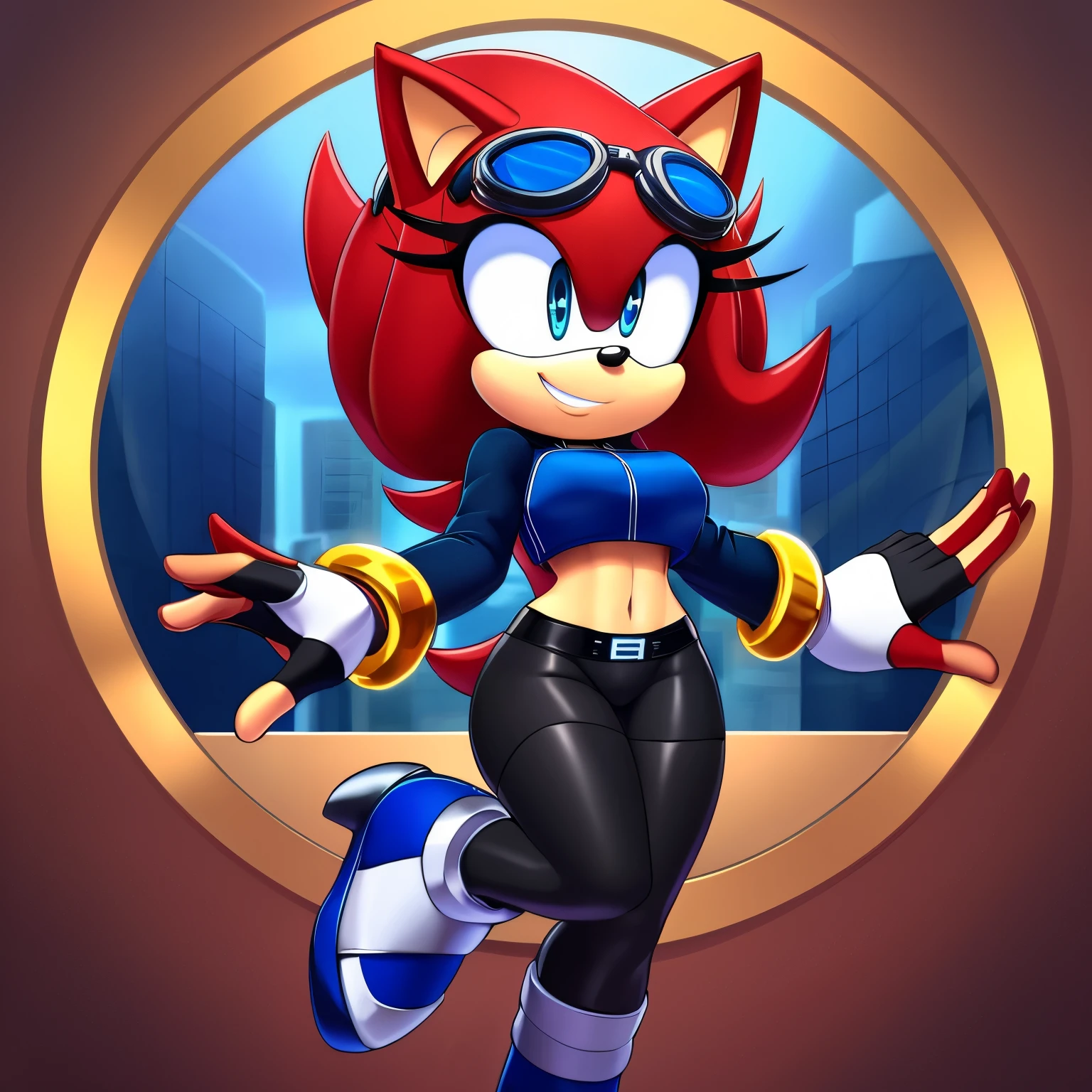 Female, Mobian, Hedgehog, crimson red fur, blue eyes, blue crop top with boob window, long black sleeves, fingerless blue gloves with black cuffs, blue tights, black waistband, blue heeled sonic soap shoes, black goggles with blue lenses, (very long wavy quills), ((solo)), ((1girl)), smile, one hand holding a large gold ring