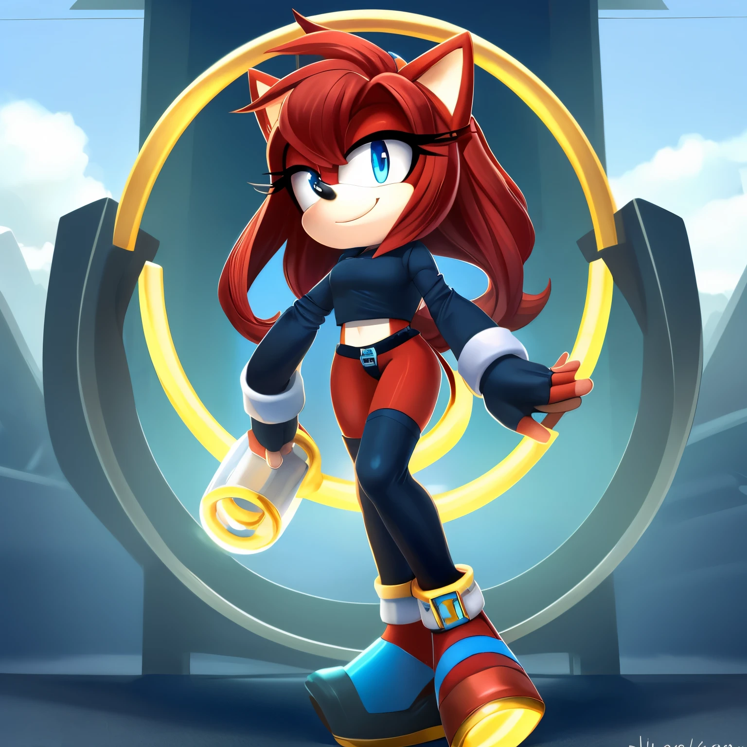 Female, Mobian, Hedgehog, crimson red fur, blue eyes, blue crop top with boob window, long black sleeves, fingerless blue gloves with black cuffs, blue tights, black waistband, blue heeled sonic soap shoes, black goggles with blue lenses, (very long wavy quills/hair), ((solo)), ((1girl)), smile, one hand holding a large gold ring
