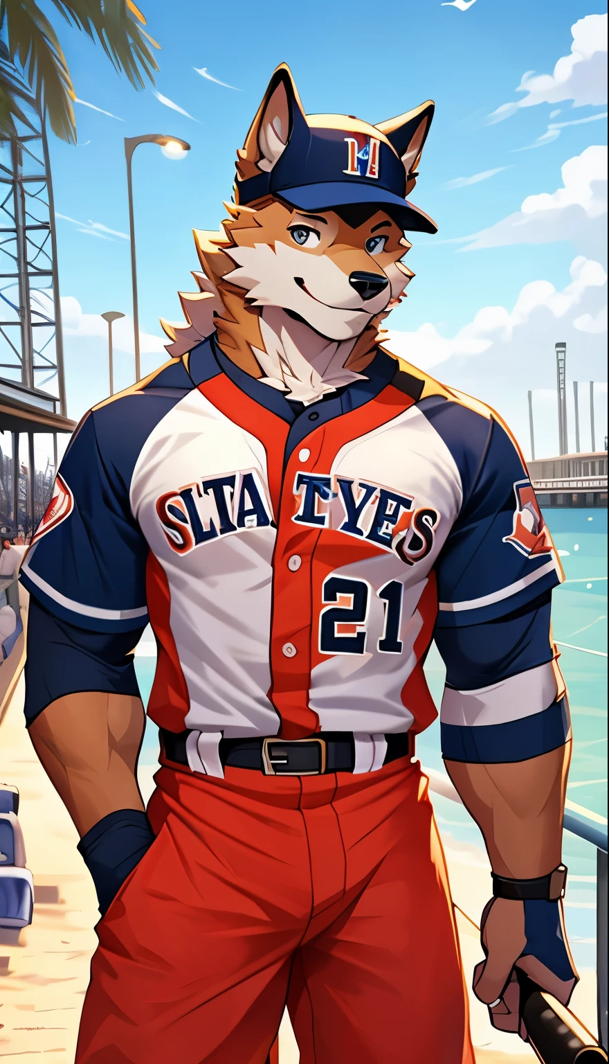 Pubrasser, dog, good looking, muscular, baseball uniform, sunny, solo, male, fur, detailed, ((ultradetailed body)), ((ultradetailed clothes)), ((ultradetailed face)), pier background, ((ultradetailed background)), smiling, looking at viewer