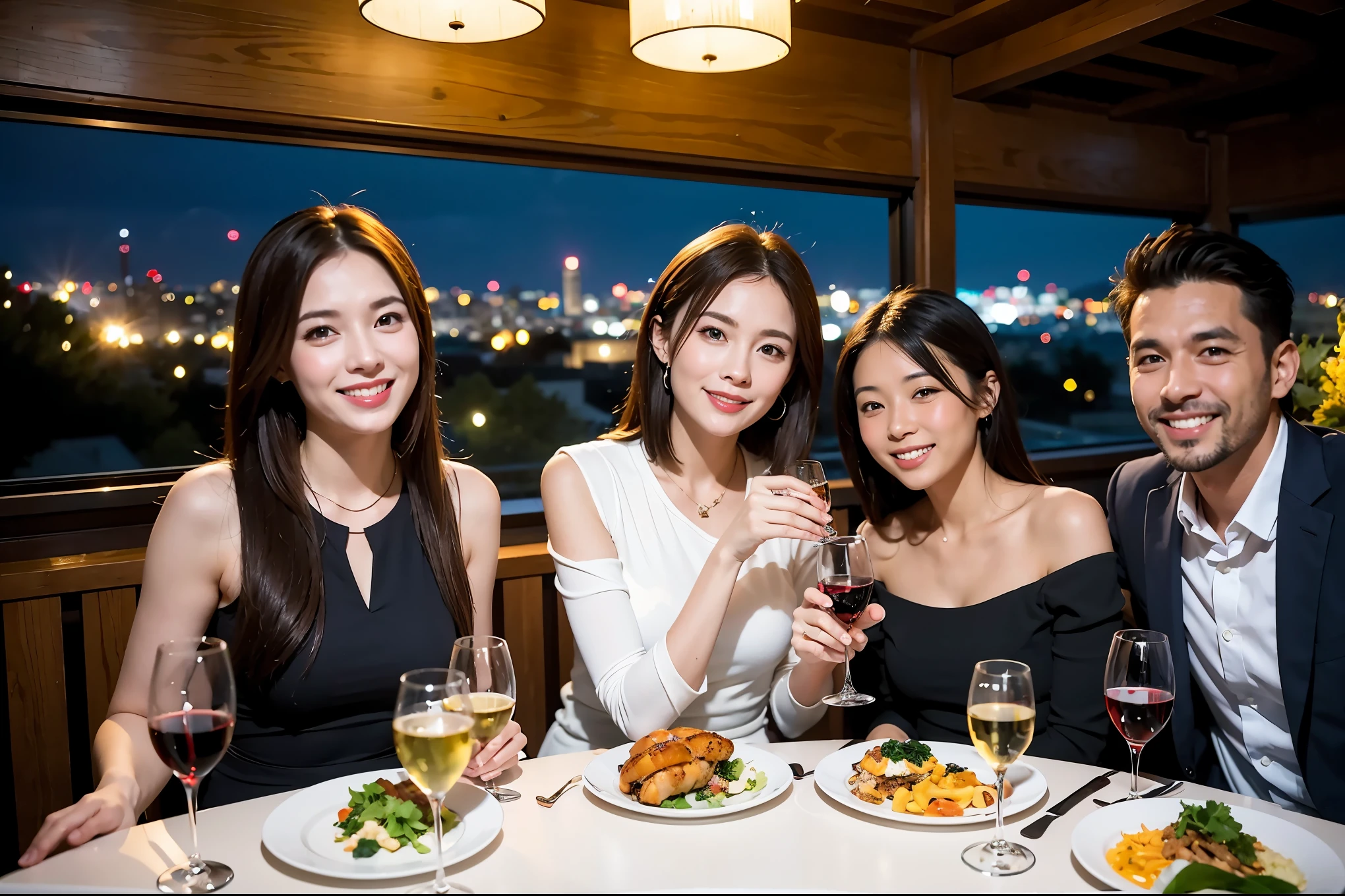 64k, UHD, highest quality, masterpiece: 1.2), (realistic, photorealistic: 1.37), Super detailed, celebration party、beauty、beautiful mature woman、3 women who love wine、Three Men、champagne、Sparkling wine、winter night、restaurantでワイン宴会、(slimな男女4名),(Wine party for 5 people)、(slimフェイス),Happy、 最高なsmile、Fox Face、Berry Short、(because I&#39;thin), (brown hair), (shortcut), long sleeve shirt、winter fashion、Japanese、Dutch、German、Portuguese、Belgian、Italian、french, (gushing), (slimボティ), (brown hair), (shortcut), 端正なbeauty、cheeks blush a little, (34 years old), 38 years old,32 years old、40 years old、29yo、 A beautiful and detailed night view spreads out outside the window....., restaurant, wine glassが座っている, At night, in a prominent place (from the Upper body) nova frog style, actress, model, Upper body, White wine, slim, wine glass, Very beautiful night view, wine glass Put in the Middle, Happy smile, (smile: 1.15), 