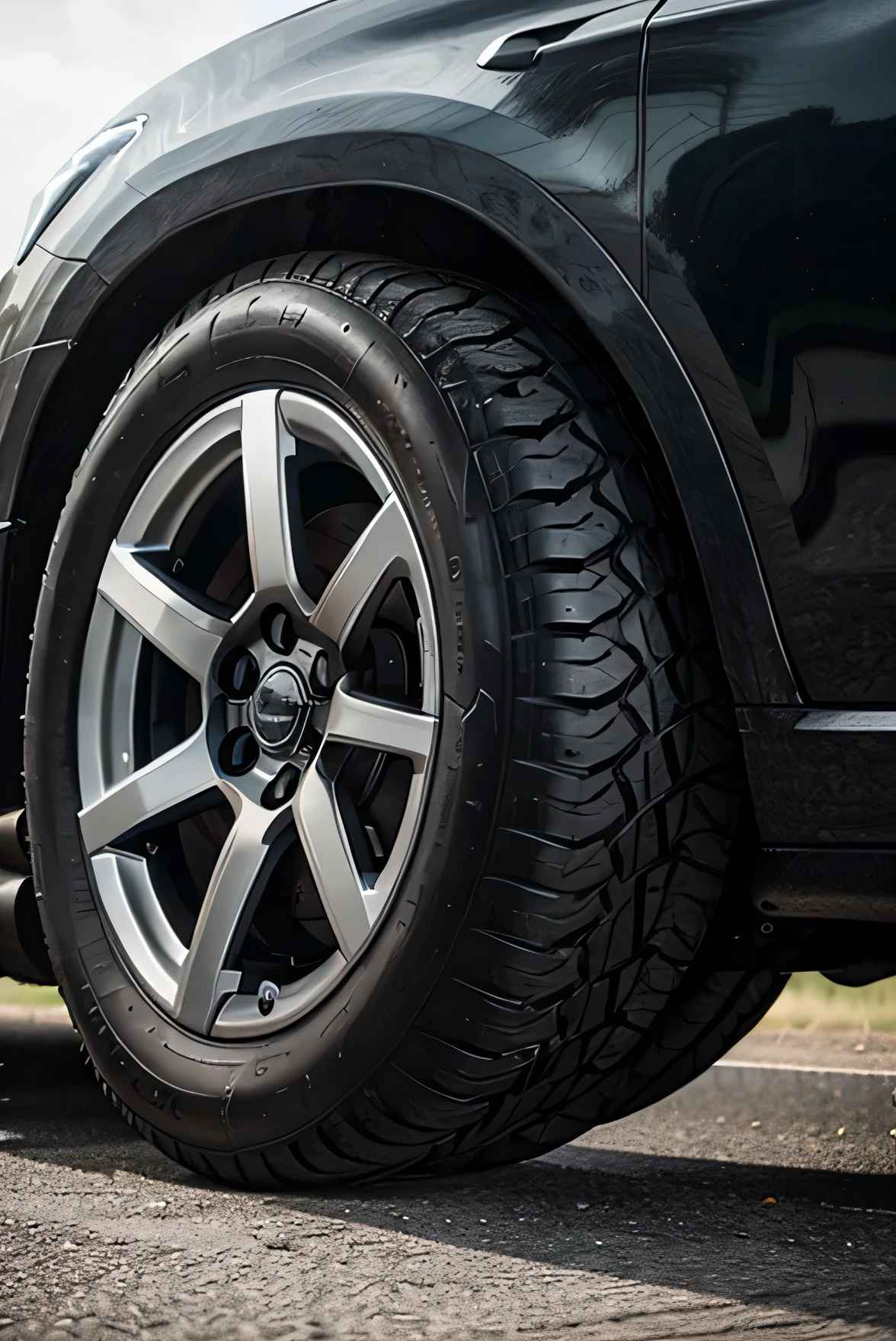 black car tire on asfalt