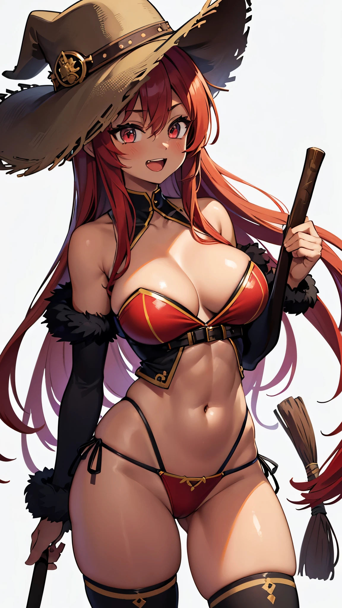 one beautiful lady,(solo),barbarian lady,
large breast,((dark skin,))
very long hair,tired hair,red hair,
brown eyes,(beautiful detailed eyes),

((laughing)),(wide open mouth),
daring,wild,sexy,no ornaments,

fur swimwear,fur waistcoat,strapless,
bare shoulder,taxidermy hat
navel,abs,thigh,thigh-high,

great axe,holding great axe,

((cowboy shot)),

((front light)),natural lighting,

(((no background))),((simple background)),
(white background),

((masterpiece)), (best quality),
(ultra-detailed),(perfect anatomy),
high resolution,detailed line art,
sharp focus,