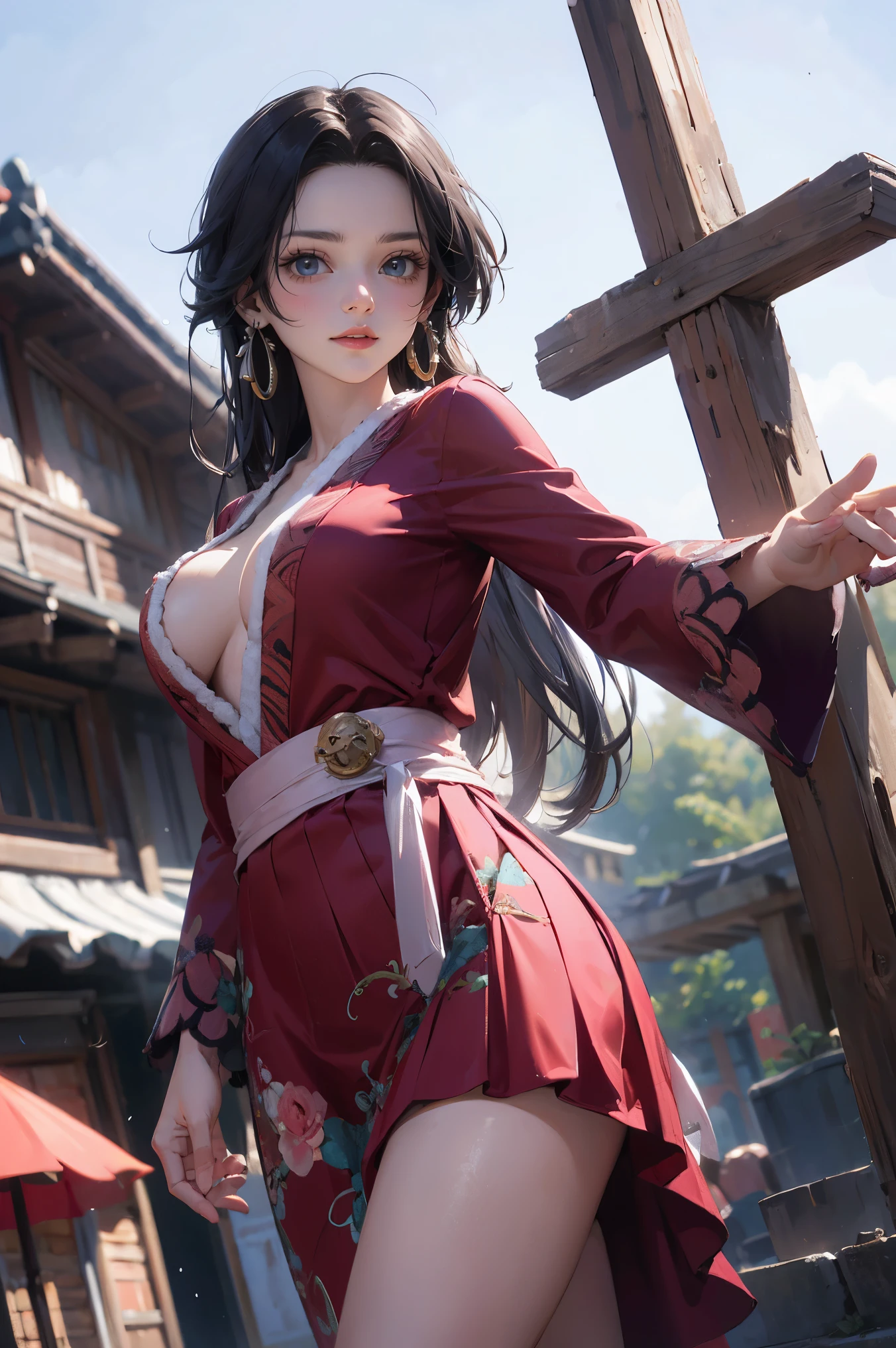 masterpiece, Best Quality, absurderes, Perfect Anatomy, Unity 8k Wallpapers,best anime,dynamic angle、action pose:Slashing、cowboy shot,20 year old beauty、boa hancock,black hair,long hair,center parted bangs,slender body,large breasts,a smile,shy look、Turn your body to the viewer、waitress,red kimono、Red pleated mini skirt、outdoor、shrine、