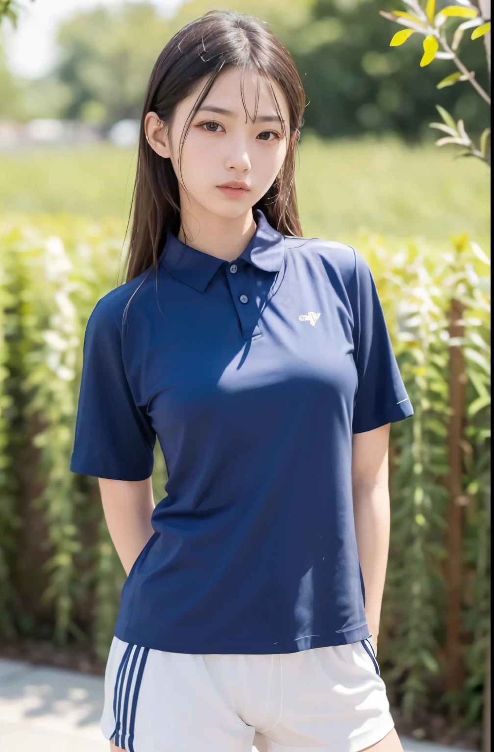 best quality, masterpiece, ultra high resolution, original photo, (lifelike:1.4), 1 girl, Detailed face, cowboy shooting, exist (Blue collar white shirt, Blue sport shorts),big breasts, Raised nipples, Unbuttoned clothes,Raised nipples,split,(Willow Yao:1.2), long hair, exist the library, Bokeh, beautiful lightexistg, model posexistg有粘稠液体从腿内侧流下, The front of the pants is soaked, The small slit below is recessed, Water leaked from the small slit and soaked the underwear, Pubic hair exposed