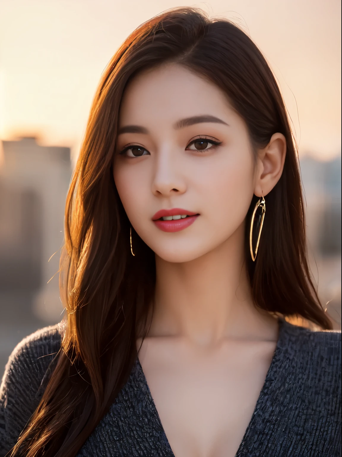 ((top quality、8k、Masterpiece:1.3))、Extremely delicate and beautiful girl,realistically,Extremely ridiculous,Abstractionism,From the waist to the shoulders,catch,Extra detailed body,Black Hong Kong style short hair,,flowing hair,light brown hair,viton hair,beautiful fine hair,Exquisite and beautiful face,Smile,clear eyes, black eyes,neck_bow ribbon,frills_skirt,beautiful clear background,beautiful sky,bloom,very precise details,absurd,very CG,((A sexy mature girl:1.5))、thick lips、deep red lip gloss、eye makeup、((40 years:1.5))、sweater、paris cafe scene、sunset sky,huge breasts,Larger breasts,Hollow clothes,transparent clothes,More transparency,amazing breast size,Raised nipples,Extensive nudity,More nudity