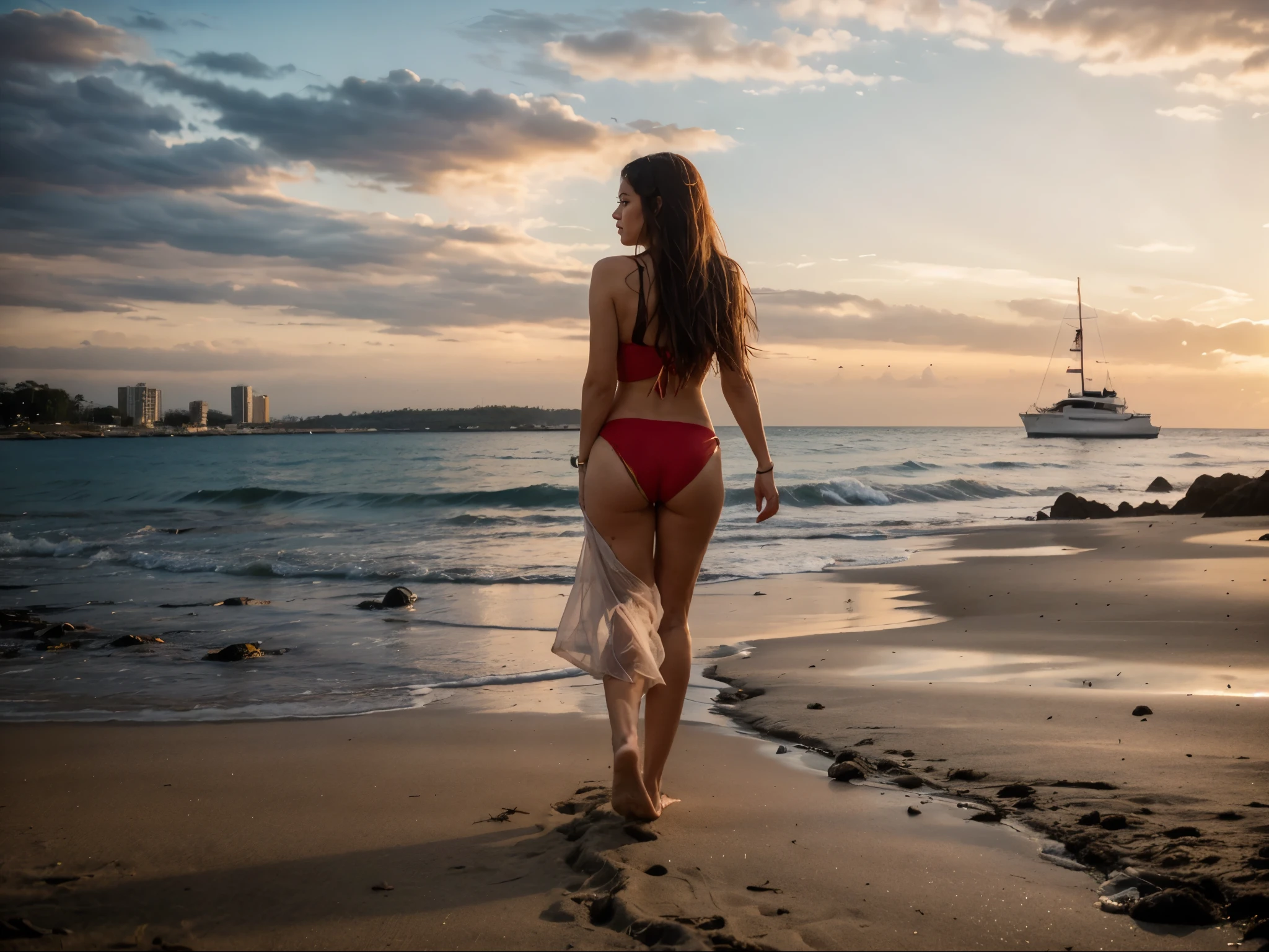 a scenery view of a sunset on the beach with a young beautiful girl in a red bikini walking,