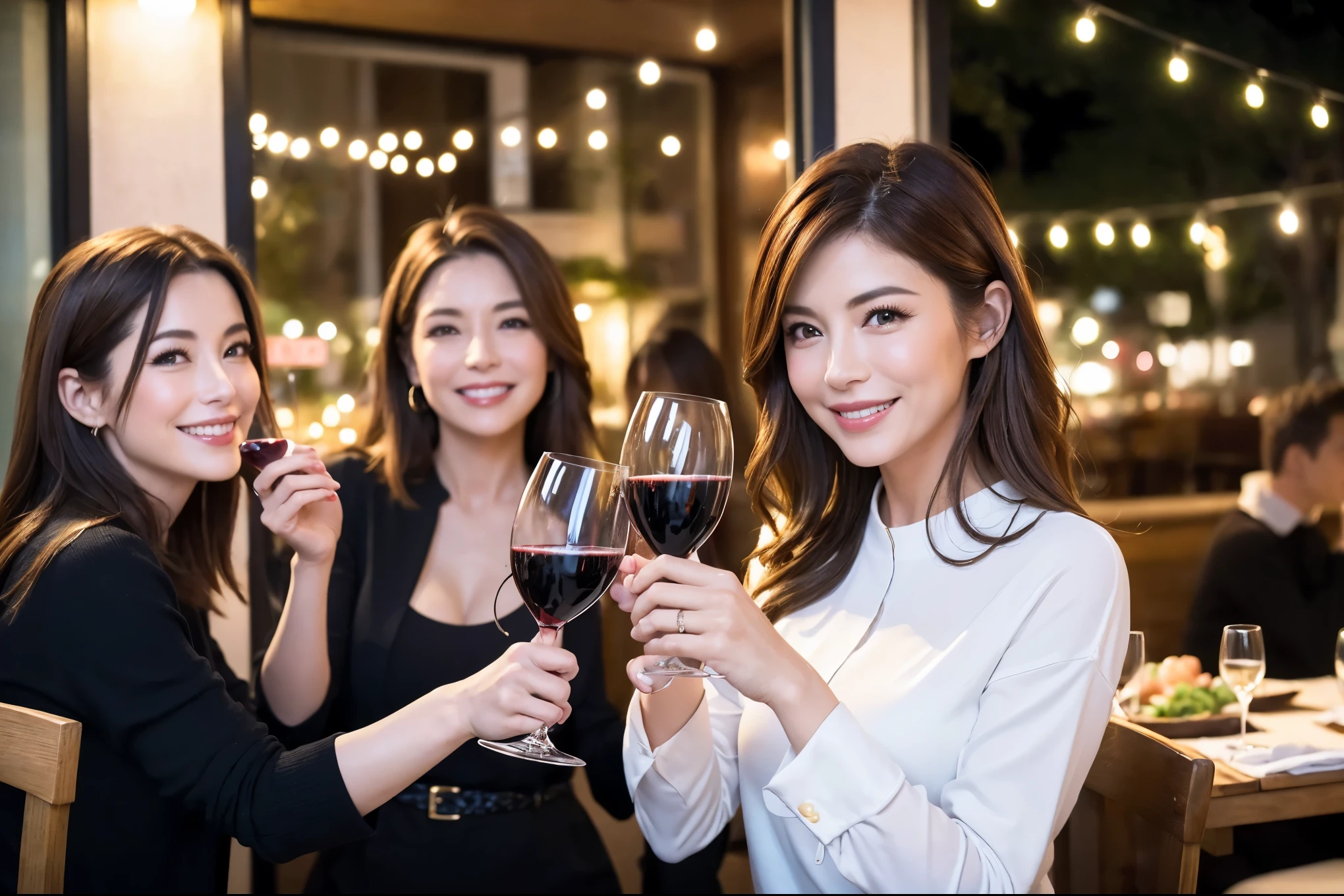64k, UHD, highest quality, masterpiece: 1.2), (realistic, photorealistic: 1.37), Super detailed, celebration party、beauty、beautiful mature woman、3 women who love wine、Three Men、champagne、Sparkling wine、winter night、restaurantでワイン宴会、(slimな男女4名),(Wine party for 5 people)、(slimフェイス),Happy、 最高なsmile、Fox Face、Raccoon face、Berry Short、(because I'thin), (brown hair), (shortcut), long sleeve shirt、winter fashion、Colombia、Brazilian、Japanese、Dutch、German、Portuguese、Belgian、Italian、french, (gushing), (slimボティ), (brown hair), (shortcut), 端正なbeauty、cheeks blush a little, (41 years old), 38 years old, 35 years old、32 years old、 A beautiful and detailed night view spreads out outside the window....., restaurant, wine glassが座っている, At night, in a prominent place (from the Upper body) nova frog style, actress, model, Upper body, White wine, slim, wine glass, Very beautiful night view, wine glass Put in the Middle, Happy smile, (smile: 1.15),