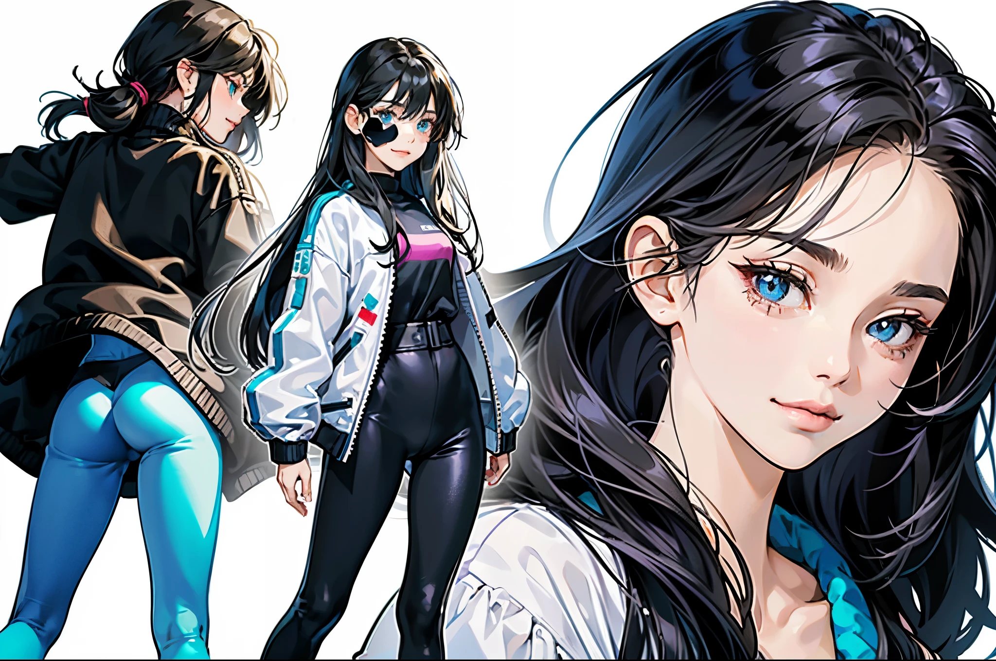 reference of an adult girl, on one canvas there are several variants of emotions (laughter, sadness, a slight smile), the left part of the canvas is a full-length girl, the right part of the canvas is three emotions of a girl (drawing emotions on the shoulders), the face looks straight (a slight smile) the face is sad (turning the head 3/4), laughter (the face looks straight), the girl's face on the left is full-length (looking down), arrogant, cyber style, transparent neon jacket, black sports top under the jacket, bright colors, reference, waist-length hair, black hair, straight hair, leggings, leggings shine, black shiny leggings, shine blue, white background, simple background, empty background