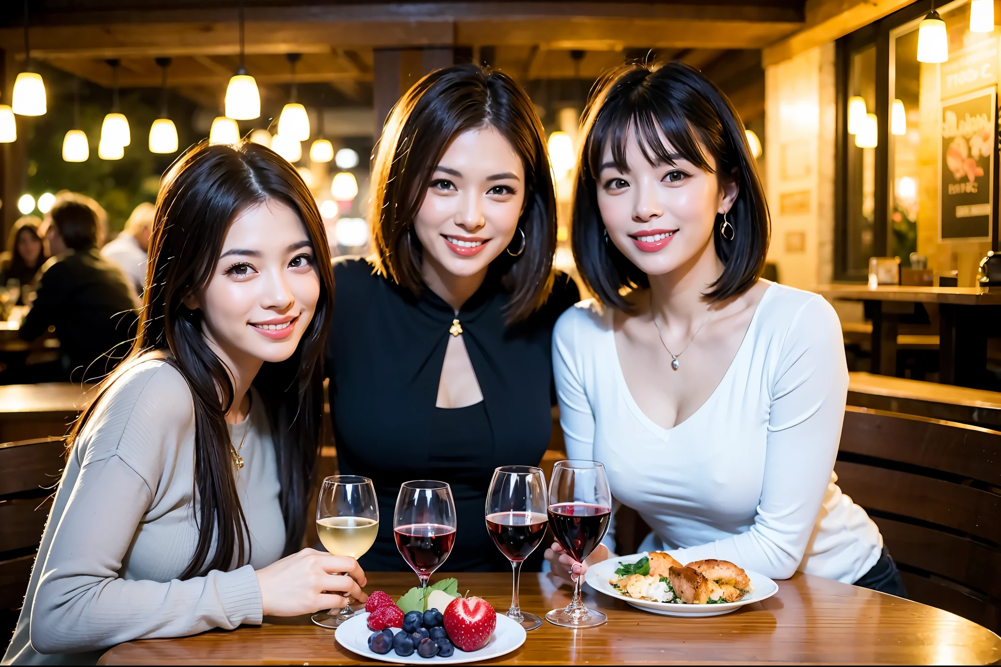 64k, UHD, highest quality, masterpiece: 1.2), (realistic, photorealistic: 1.37), Super detailed, celebration party、beauty、beautiful mature woman、3 women who love wine、Three Men、champagne、Sparkling wine、winter night、restaurantでワイン宴会、(slimな男女4名),(Wine party for 5 people)、(slimフェイス),Happy、 最高なsmile、Fox Face、Berry Short、(because I'thin), (brown hair), (shortcut), long sleeve shirt、winter fashion、Japanese、Dutch、German、Portuguese、Belgian、Italian、french, (gushing), (slimボティ), (brown hair), (shortcut), 端正なbeauty、cheeks blush a little, (34 years old), 38 years old,32 years old、40 years old、 A beautiful and detailed night view spreads out outside the window....., restaurant, wine glassが座っている, At night, in a prominent place (from the Upper body) nova frog style, actress, model, Upper body, White wine, slim, wine glass, Very beautiful night view, wine glass Put in the Middle, Happy smile, (smile: 1.15),
