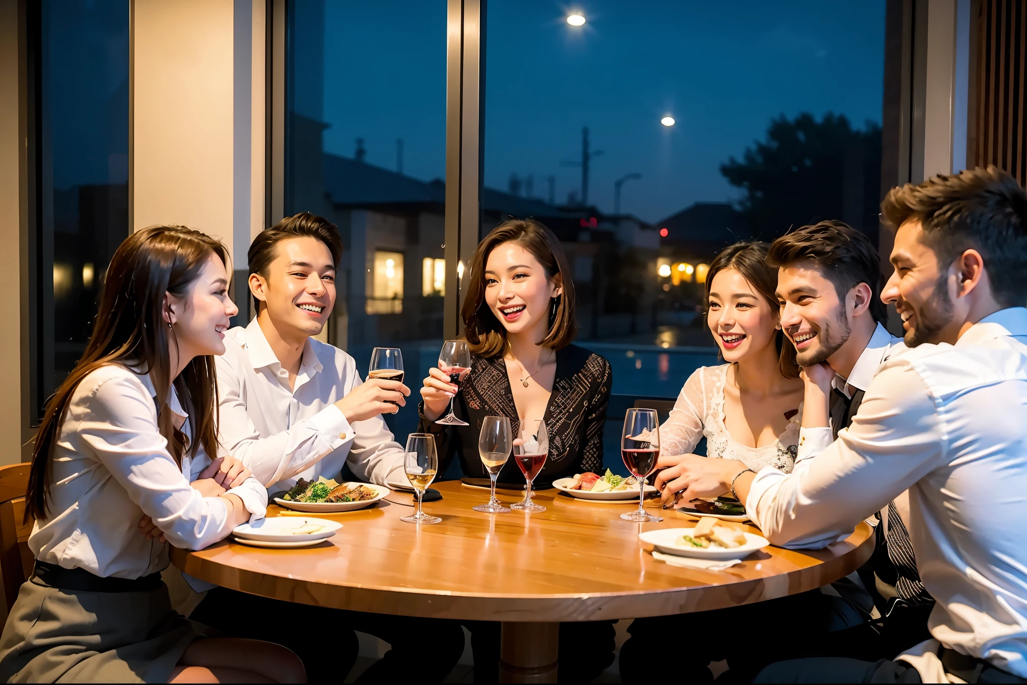 64k, UHD, highest quality, masterpiece: 1.2), (realistic, photorealistic: 1.37), Super detailed, celebration party、beauty、beautiful mature woman、3 women who love wine、Three Men、champagne、Sparkling wine、winter night、restaurantでワイン宴会、(slimな男女4名),(Wine party for 5 people)、(slimフェイス),Happy、 最高なsmile、Fox Face、Berry Short、(because I'thin), (brown hair), (shortcut), long sleeve shirt、winter fashion、Japanese、Dutch、German、Portuguese、Belgian、Italian、french, (gushing), (slimボティ), (brown hair), (shortcut), 端正なbeauty、cheeks blush a little, (34 years old), 38 years old,32 years old、40 years old、 A beautiful and detailed night view spreads out outside the window....., restaurant, wine glassが座っている, At night, in a prominent place (from the Upper body) nova frog style, actress, model, Upper body, White wine, slim, wine glass, Very beautiful night view, wine glass Put in the Middle, Happy smile, (smile: 1.15),