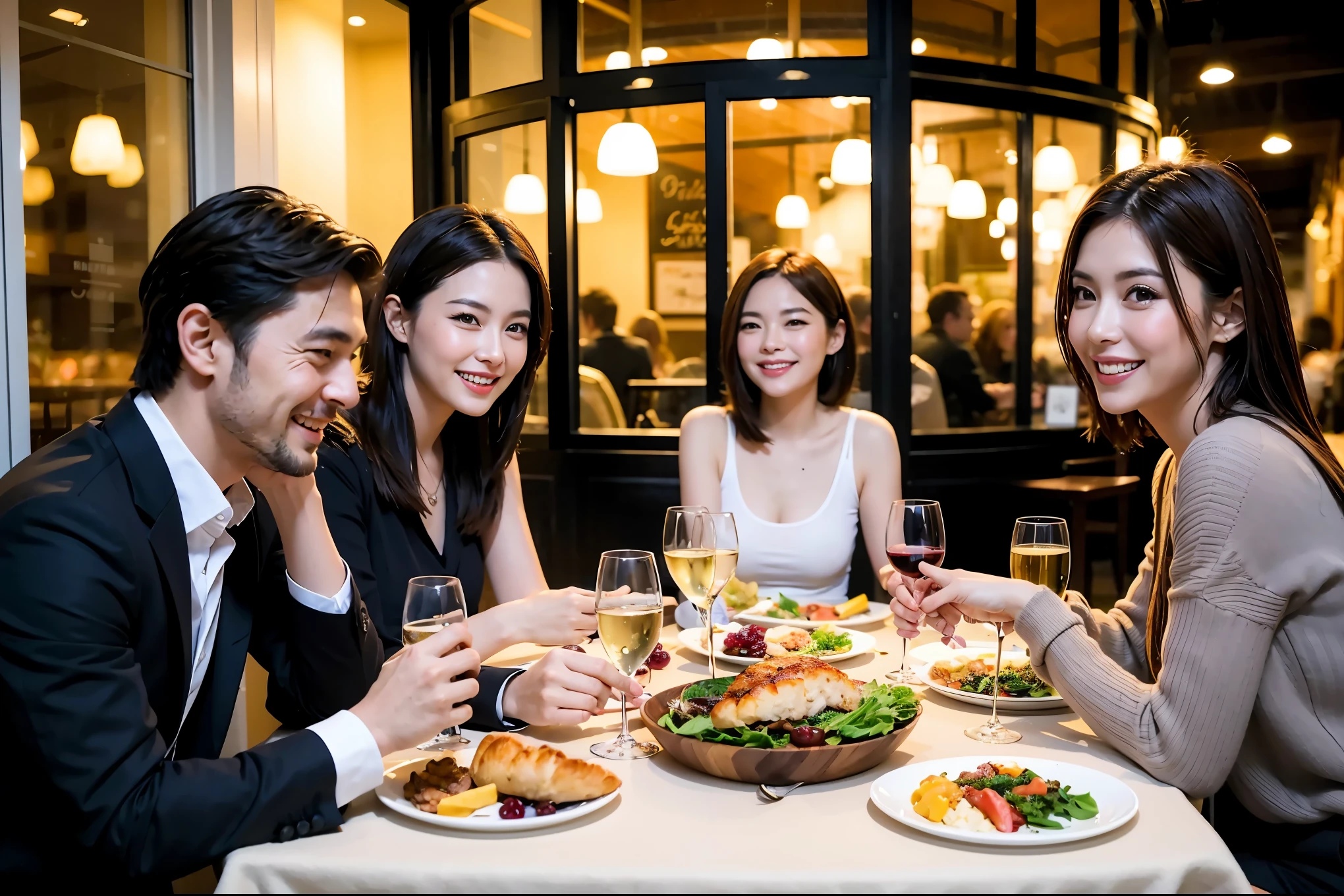 64k, UHD, highest quality, masterpiece: 1.2), (realistic, photorealistic: 1.37), Super detailed, celebration party、beauty、beautiful mature woman、3 women who love wine、Three Men、champagne、Sparkling wine、winter night、restaurantでワイン宴会、(slimな男女4名),(Wine party for 5 people)、(slimフェイス),Happy、 最高なsmile、Fox Face、Berry Short、(because I'thin), (brown hair), (shortcut), long sleeve shirt、winter fashion、Japanese、Dutch、German、Portuguese、Belgian、Italian、french, (gushing), (slimボティ), (brown hair), (shortcut), 端正なbeauty、cheeks blush a little, (34 years old), 38 years old,32 years old、40 years old、 A beautiful and detailed night view spreads out outside the window....., restaurant, wine glassが座っている, At night, in a prominent place (from the Upper body) nova frog style, actress, model, Upper body, White wine, slim, wine glass, Very beautiful night view, wine glass Put in the Middle, Happy smile, (smile: 1.15),