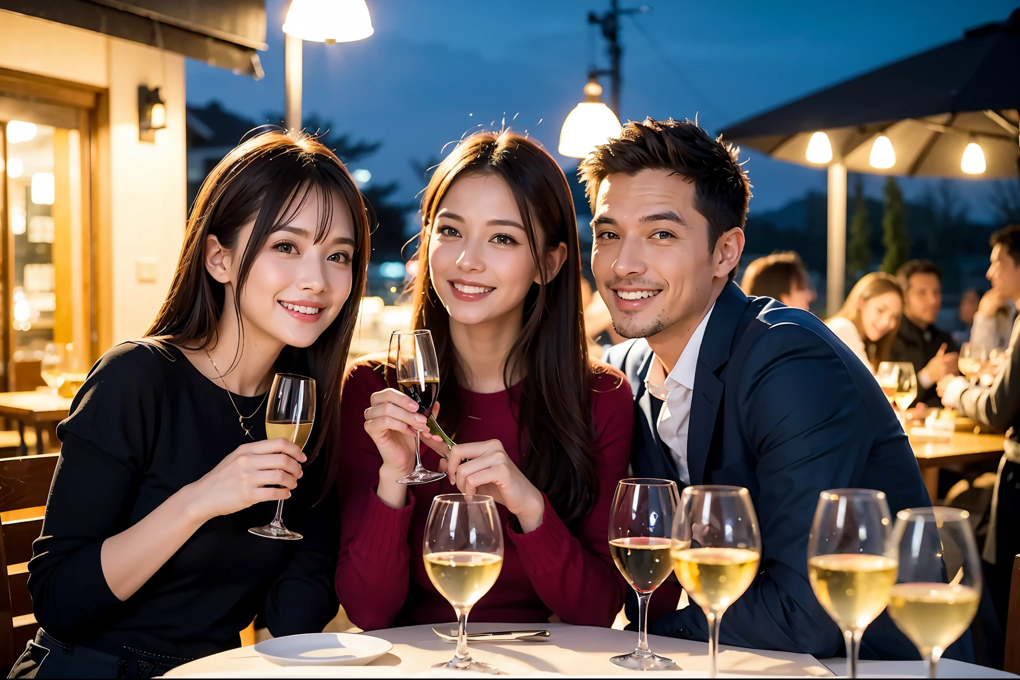 64k, UHD, highest quality, masterpiece: 1.2), (realistic, photorealistic: 1.37), Super detailed, celebration party、beauty、beautiful mature woman、3 women who love wine、Three Men、champagne、Sparkling wine、winter night、restaurantでワイン宴会、(slimな男女4名),(Wine party for 5 people)、(slimフェイス),Happy、 最高なsmile、Fox Face、Berry Short、(because I'thin), (brown hair), (shortcut), long sleeve shirt、winter fashion、Japanese、Dutch、German、Portuguese、Belgian、Italian、french, (gushing), (slimボティ), (brown hair), (shortcut), 端正なbeauty、cheeks blush a little, (34 years old), 38 years old,32 years old、40 years old、 A beautiful and detailed night view spreads out outside the window....., restaurant, wine glassが座っている, At night, in a prominent place (from the Upper body) nova frog style, actress, model, Upper body, White wine, slim, wine glass, Very beautiful night view, wine glass Put in the Middle, Happy smile, (smile: 1.15),