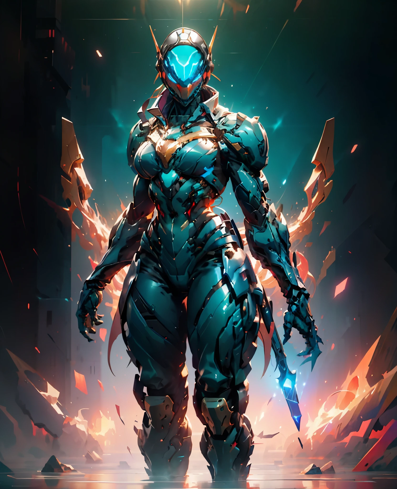 A woman adorned in fantasy-style full-body armor, a crown-concept fully enclosed helmet that unveils only her eyes, a composite layered chest plate, fully encompassing shoulder and hand guards, a lightweight waist armor, form-fitting shin guards, the overall design is heavy-duty yet flexible, the armor gleams with a golden glow, complemented by red and blue accents, exhibiting a noble aura, she floats above a fantasy-surreal high-tech city, this character embodies a finely crafted fantasy-surreal style armored hero in anime style, exquisite and mature manga art style, goddess, femminine, long legs, metallic, elegant, high definition, best quality, highres, ultra-detailed, ultra-fine painting, extremely delicate, professional, anatomically correct, symmetrical face, extremely detailed eyes and face, high quality eyes, creativity, RAW photo, UHD, 32k, Natural light, cinematic lighting, masterpiece-anatomy-perfect, masterpiece:1.5