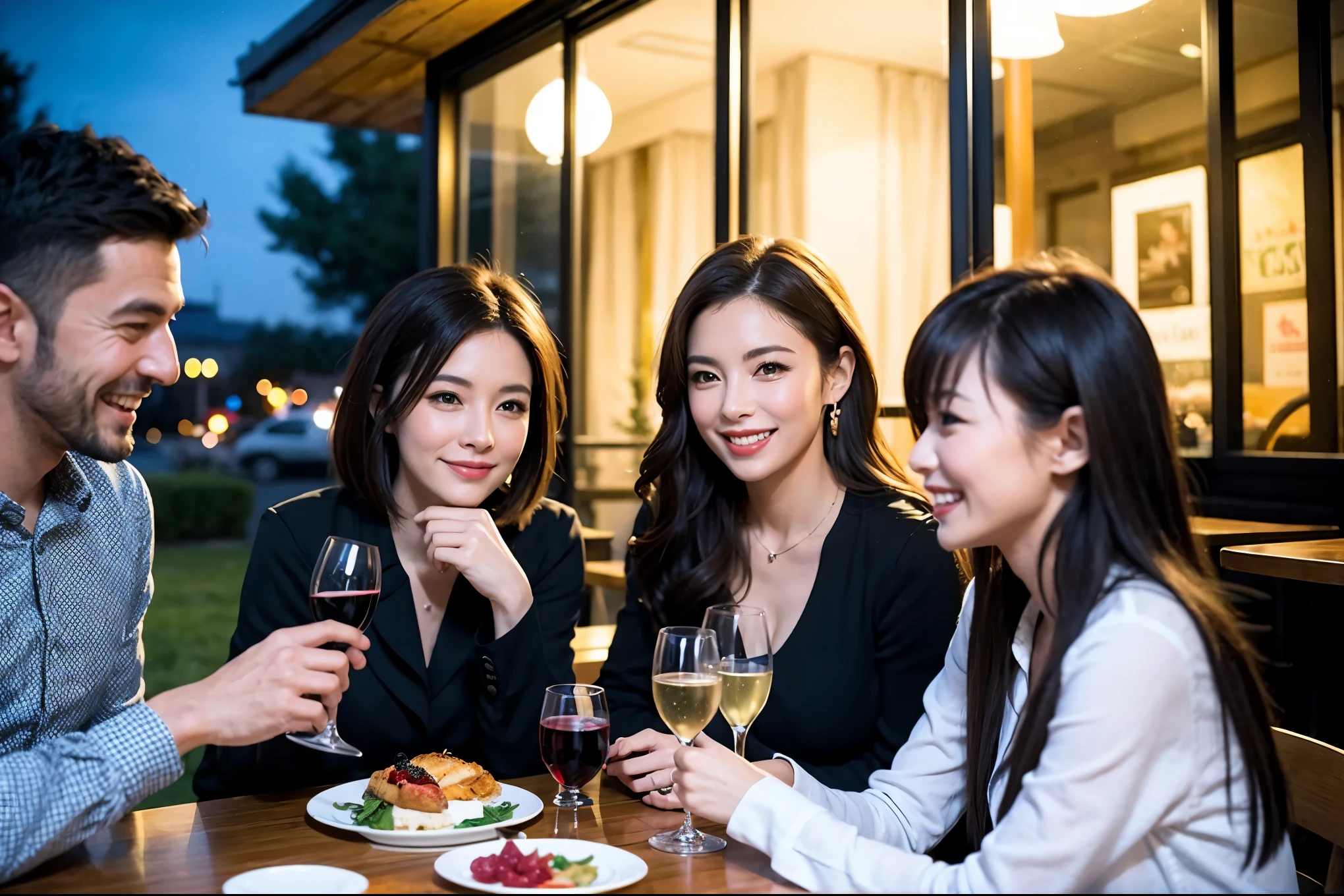 64k, UHD, highest quality, masterpiece: 1.2), (realistic, photorealistic: 1.37), Super detailed, celebration party、beauty、beautiful mature woman、3 women who love wine、Three Men、champagne、Sparkling wine、winter night、restaurantでワイン宴会、(slimな男女4名),(Wine party for 5 people)、(slimフェイス),Happy、 最高なsmile、Fox Face、Raccoon face、Berry Short、(because I'thin), (brown hair), (shortcut), long sleeve shirt、winter fashion、Colombia、Brazilian、Japanese、Dutch、German、Portuguese、Belgian、Italian、french, (gushing), (slimボティ), (brown hair), (shortcut), 端正なbeauty、cheeks blush a little, (41 years old), 38 years old, 35 years old、32 years old、 A beautiful and detailed night view spreads out outside the window....., restaurant, wine glassが座っている, At night, in a prominent place (from the Upper body) nova frog style, actress, model, Upper body, White wine, slim, wine glass, Very beautiful night view, wine glass Put in the Middle, Happy smile, (smile: 1.15),