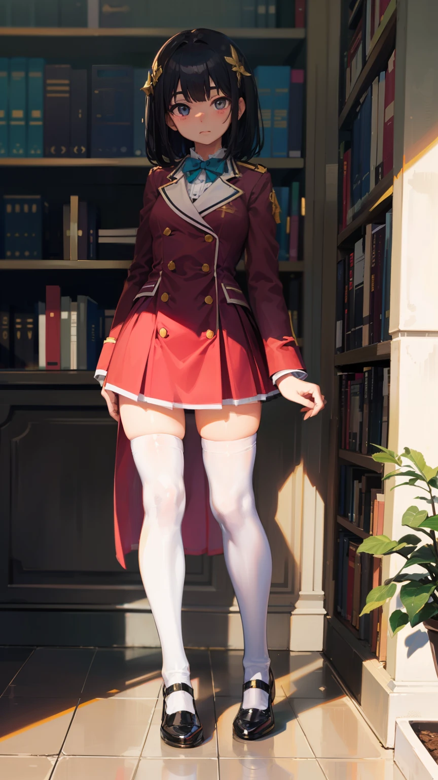highest quality, full body portrait, delicate face, cute face, female, slim body shape, small bust, high school uniform,double skirt suit, (((white knee high stockings))),soft light on the face,Inside the majestic library