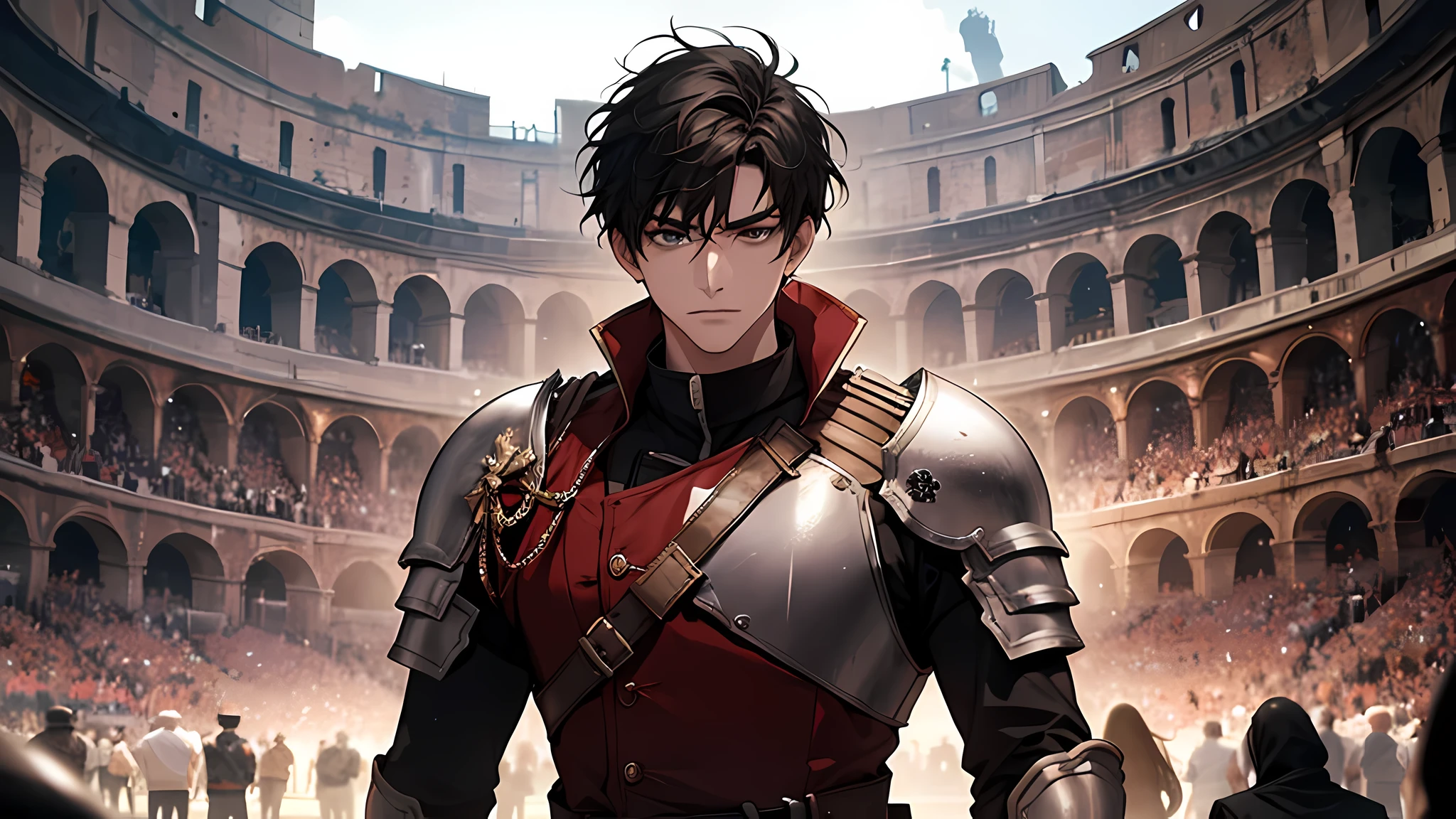picture, ancient Colosseum, in the center of the round arena a strong man waving hands, Winning the fight, the man has black short curly hair in his hand a sword, armor, there are many people around the arena, shouting, waving their hands, scarlet, metallic gray, drama, close-up center of the arena, People keep yelling him to just go and kill him already. The voices sounds so loud filling the arena. 
