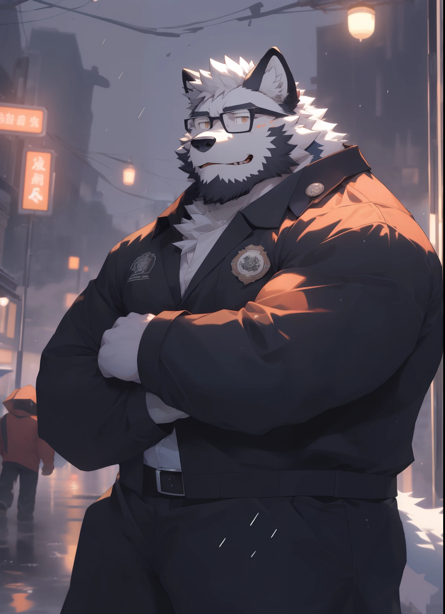 hairy，（Wolf，Black-rimmed glasses，Orange firefighter costume），beard，white fur，male，Common，full-body shot， dynamic poses，giggle，rainy day，night，dark night，Detailed background，极其lifelike阴影，masterpiece，Very detailed，lifelike