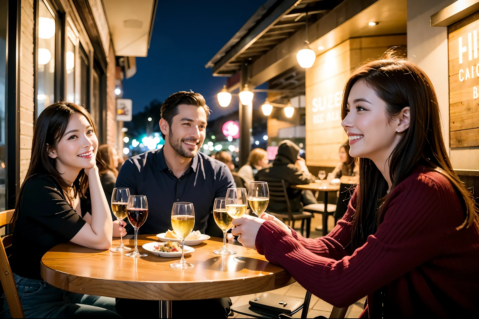 64k, UHD, highest quality, masterpiece: 1.2), (realistic, photorealistic: 1.37), Super detailed, celebration party、beauty、beautiful mature woman、3 women who love wine、Three Men、champagne、Sparkling wine、winter night、restaurantでワイン宴会、(slimな男女4名),(Wine party for 5 people)、(slimフェイス),Happy、 最高なsmile、Fox Face、Berry Short、(because I'thin), (brown hair), (shortcut), long sleeve shirt、winter fashion、Japanese、Dutch、German、Portuguese、Belgian、Italian、french, (gushing), (slimボティ), (brown hair), (shortcut), 端正なbeauty、cheeks blush a little, (34 years old), 38 years old,32 years old、40 years old、29yo、 A beautiful and detailed night view spreads out outside the window....., restaurant, wine glassが座っている, At night, in a prominent place (from the Upper body) nova frog style, actress, model, Upper body, White wine, slim, wine glass, Very beautiful night view, wine glass Put in the Middle, Happy smile, (smile: 1.15),