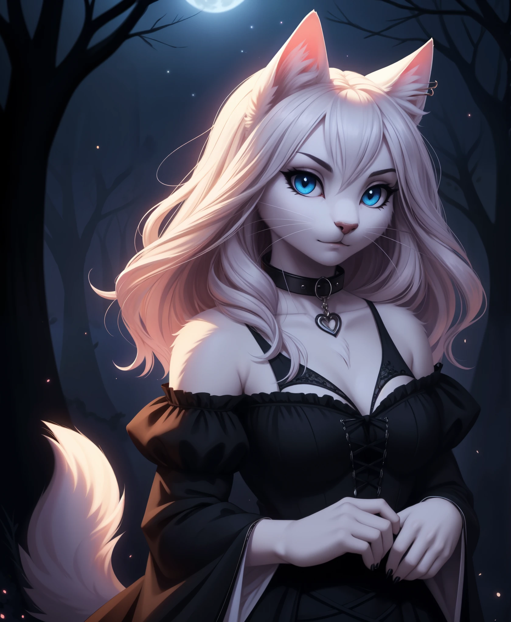 Ragdoll cat,furry,female,(beautiful and fluffy fur,fluffy and cute cat:1.1),SFW,(elegant and mysterious style,stylish gothic fashion:1.2), (dark and atmospheric ambiance:1.1),gothic collar,moonlit background,dramatic lighting,soft and gentle expression, piercing blue eyes,strong contrast,subtle shadows,detailed whiskers,sculpted paws,vivid colors,pastel tones,subtle gradients