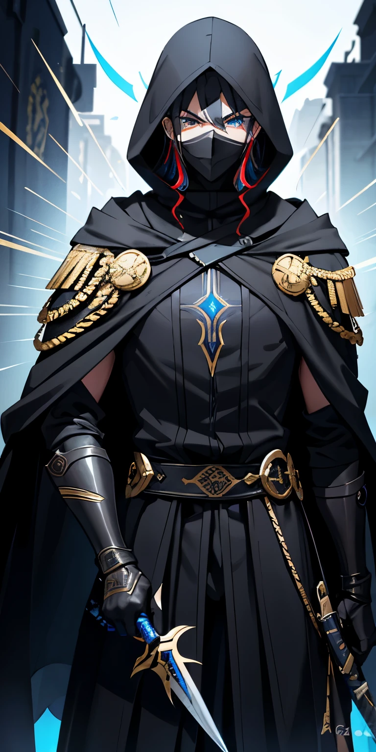 man, aggressive facial expression, intense blue eyes, messy black hair, he wears assassin cloak, adorned with gold edges and assassin sigils, a dark hood conceals part of his face, adding an air of mystery. The man gazes directly at the viewer, exuding an aura of authority and power, holding dual dagger.
