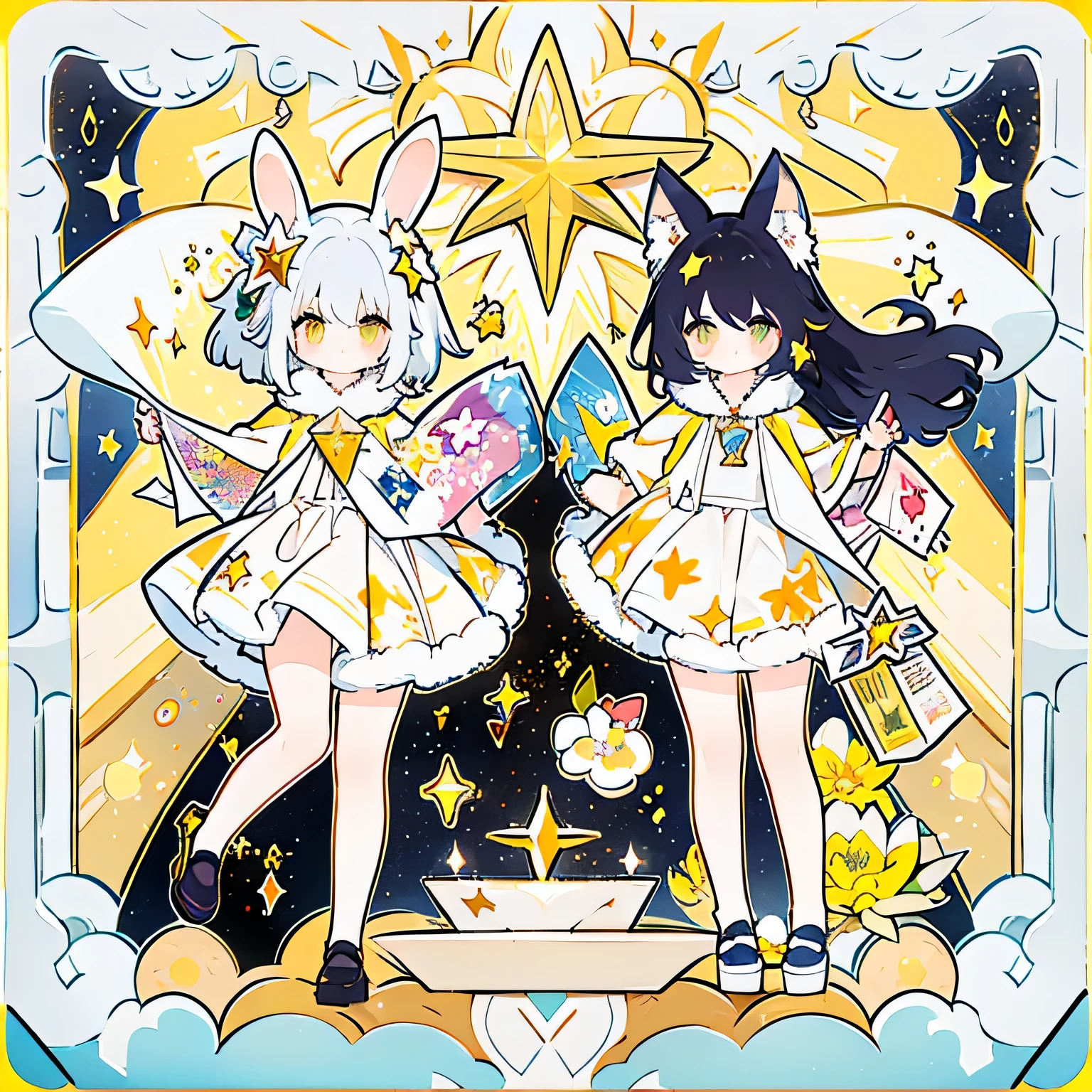 two girls, rabbit ears, cat ears, coffee, taro cards, animal_ears, cross, furry, furry_female, gloves, sparkle, star_\(symbol\)+, star_hair_ornament, star_necklace, star_pasties, star_print, starfish, starry_background, tail, flowers, flower_pedals yellow_background, yellow_theme, Ink and wash
