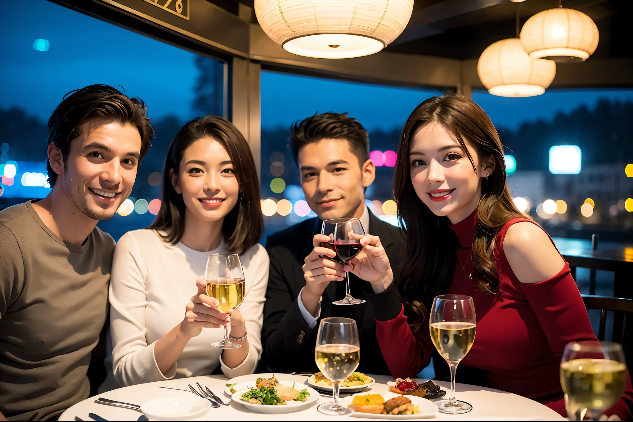 64k, UHD, highest quality, masterpiece: 1.2), (realistic, photorealistic: 1.37), Super detailed, celebration party、beauty、beautiful mature woman、3 women who love wine、Three Men、champagne、Sparkling wine、winter night、restaurantでワイン宴会、(slimな男女4名),(Wine party for 5 people)、(slimフェイス),Happy、 最高なsmile、Fox Face、Berry Short、(because I&#39;thin), (brown hair), (shortcut), long sleeve shirt、winter fashion、Japanese、Dutch、German、Portuguese、Belgian、Italian、french, (gushing), (slimボティ), (brown hair), (shortcut), 端正なbeauty、cheeks blush a little, (34 years old), 38 years old,32 years old、40 years old、29yo、 A beautiful and detailed night view spreads out outside the window....., restaurant, wine glassが座っている, At night, in a prominent place (from the Upper body) nova frog style, actress, model, Upper body, White wine, slim, wine glass, Very beautiful night view, wine glass Put in the Middle, Happy smile, (smile: 1.15), 