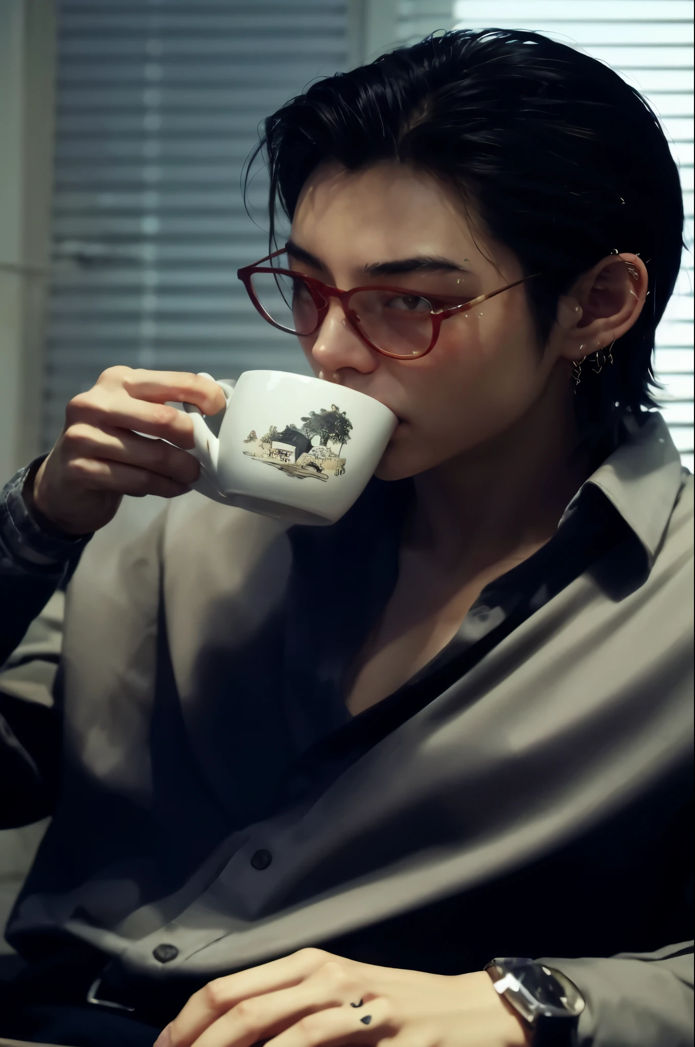 shabby man in shirt and glasses drinking from a glass, artwork in the style of Guweiz, cafIt is da manhã, It is ((drink a cup of tea)), Bebendo cafIt is, drinking tea, fanart de alta qualidade, Guweiz, fanart oficial, at the end of the morning, tomando um cafIt is, gama murata e artgerm, portrait of cafIt is da manhã, morning time