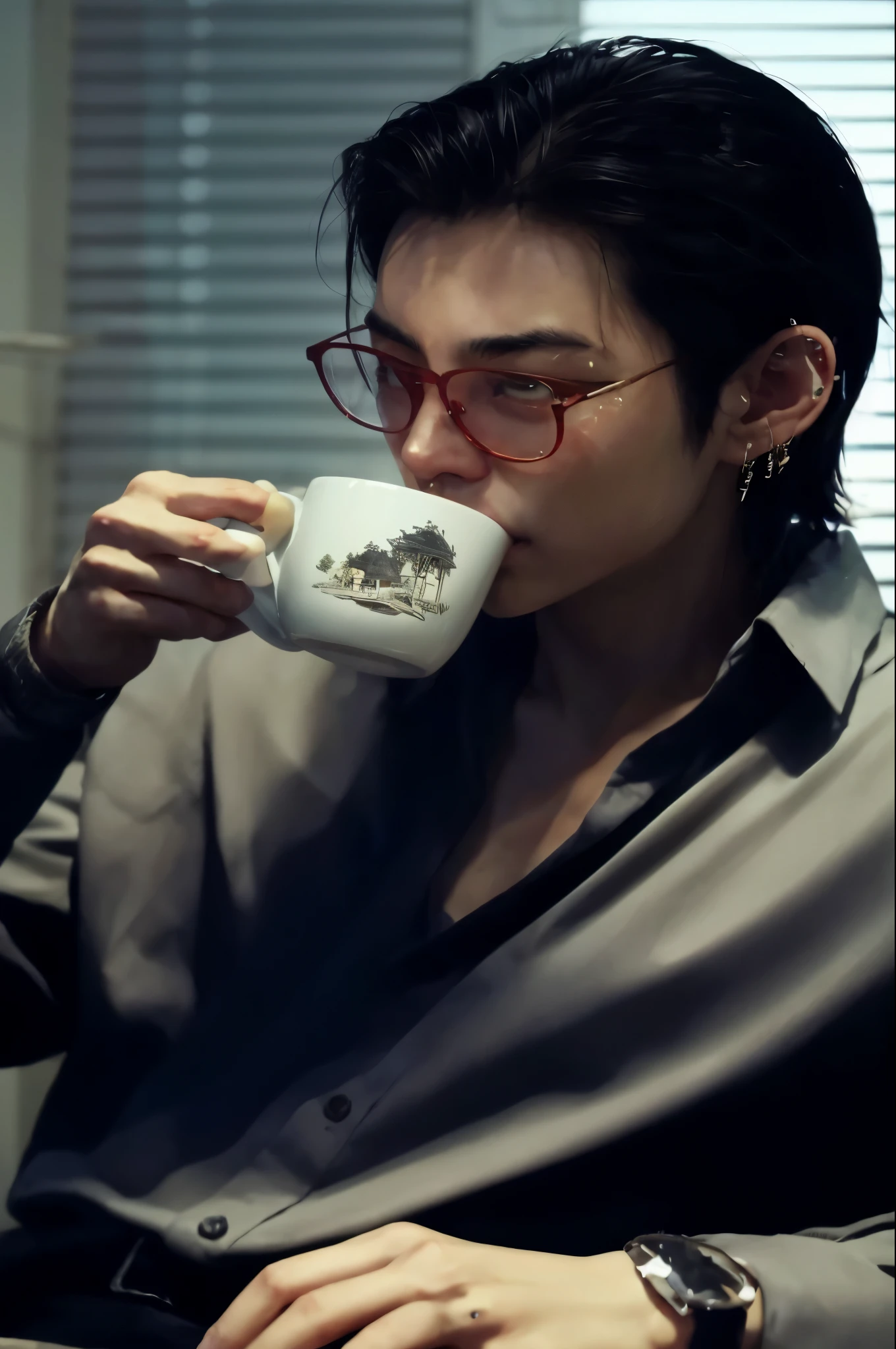 shabby man in shirt and glasses drinking from a glass, artwork in the style of Guweiz, cafIt is da manhã, It is ((drink a cup of tea)), Bebendo cafIt is, drinking tea, fanart de alta qualidade, Guweiz, fanart oficial, at the end of the morning, tomando um cafIt is, gama murata e artgerm, portrait of cafIt is da manhã, morning time