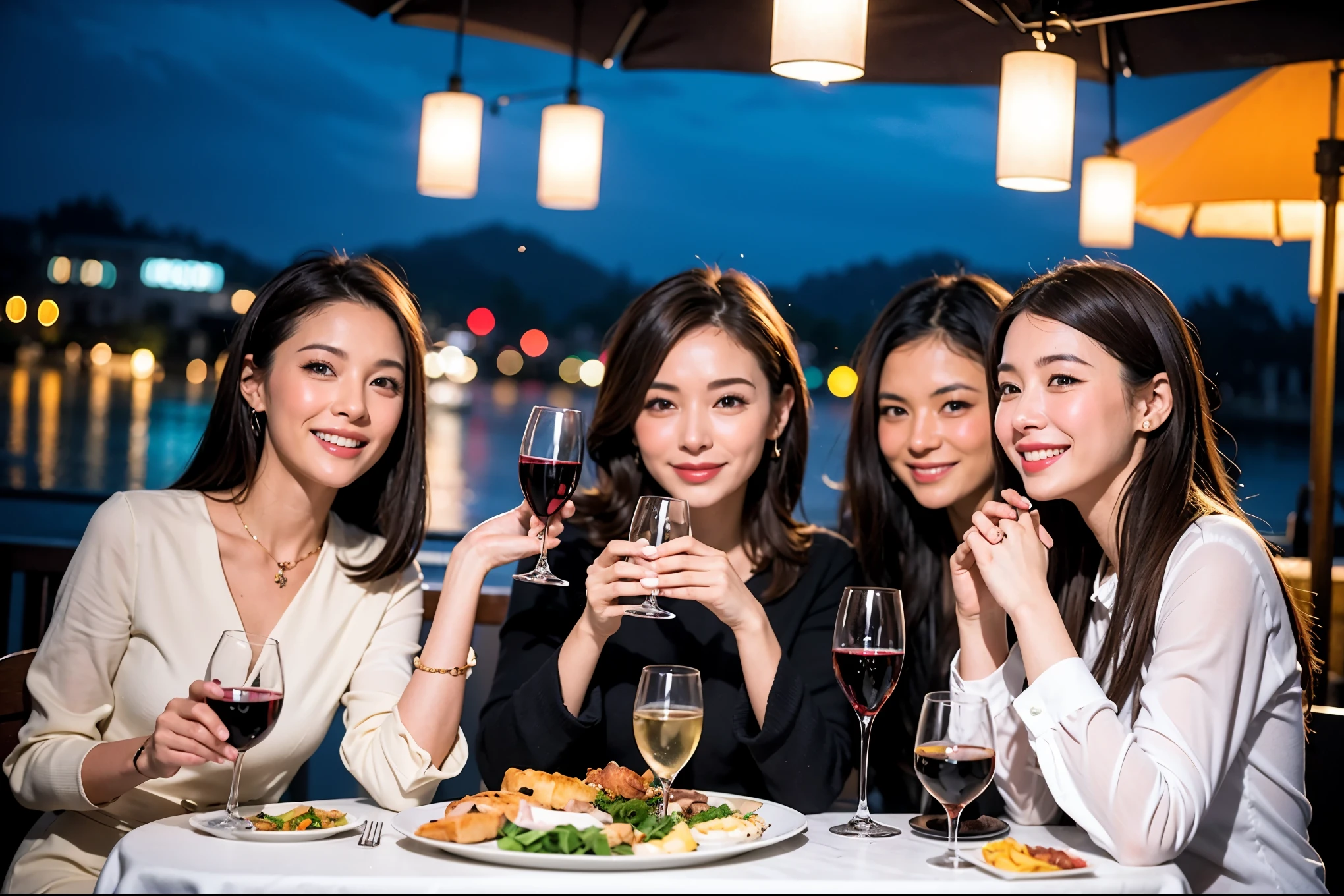 64k, UHD, highest quality, masterpiece: 1.2), (realistic, photorealistic: 1.37), Super detailed, celebration party、beauty、beautiful mature woman、3 women who love wine、Three Men、champagne、Sparkling wine、winter night、restaurantでワイン宴会、(slimな男女4名),(Wine party for 5 people)、(slimフェイス),Happy、 最高なsmile、Fox Face、Raccoon face、Berry Short、(because I&#39;thin), (brown hair), (shortcut), long sleeve shirt、winter fashion、Colombia、Brazilian、Japanese、Dutch、German、Portuguese、Belgian、Italian、french, (gushing), (slimボティ), (brown hair), (shortcut), 端正なbeauty、cheeks blush a little, (41 years old), 38 years old, 35 years old、32 years old、27 years old、 A beautiful and detailed night view spreads out outside the window....., restaurant, wine glassが座っている, At night, in a prominent place (from the Upper body) nova frog style, actress, model, Upper body, White wine, slim, wine glass, Very beautiful night view, wine glass Put in the Middle, Happy smile, (smile: 1.15), 