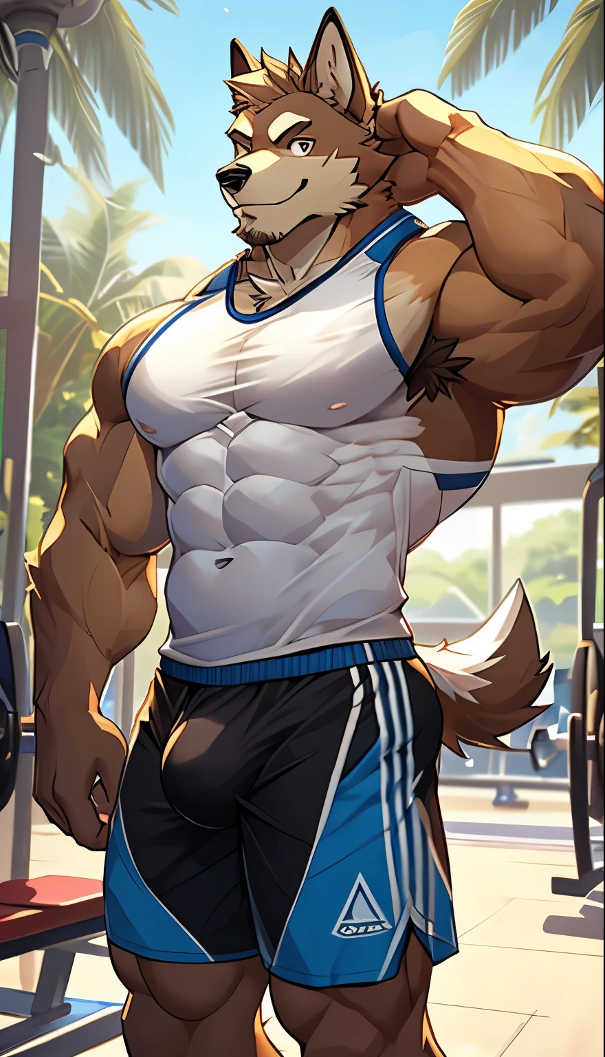 Pubrasser, dog, good looking, muscular, shorts, sunny, solo, male, fur, detailed, ((ultradetailed body)), ((ultradetailed clothes)), ((ultradetailed face)), gym background, ((ultradetailed background)), smiling, looking at viewer, bulge, rippled muscles,