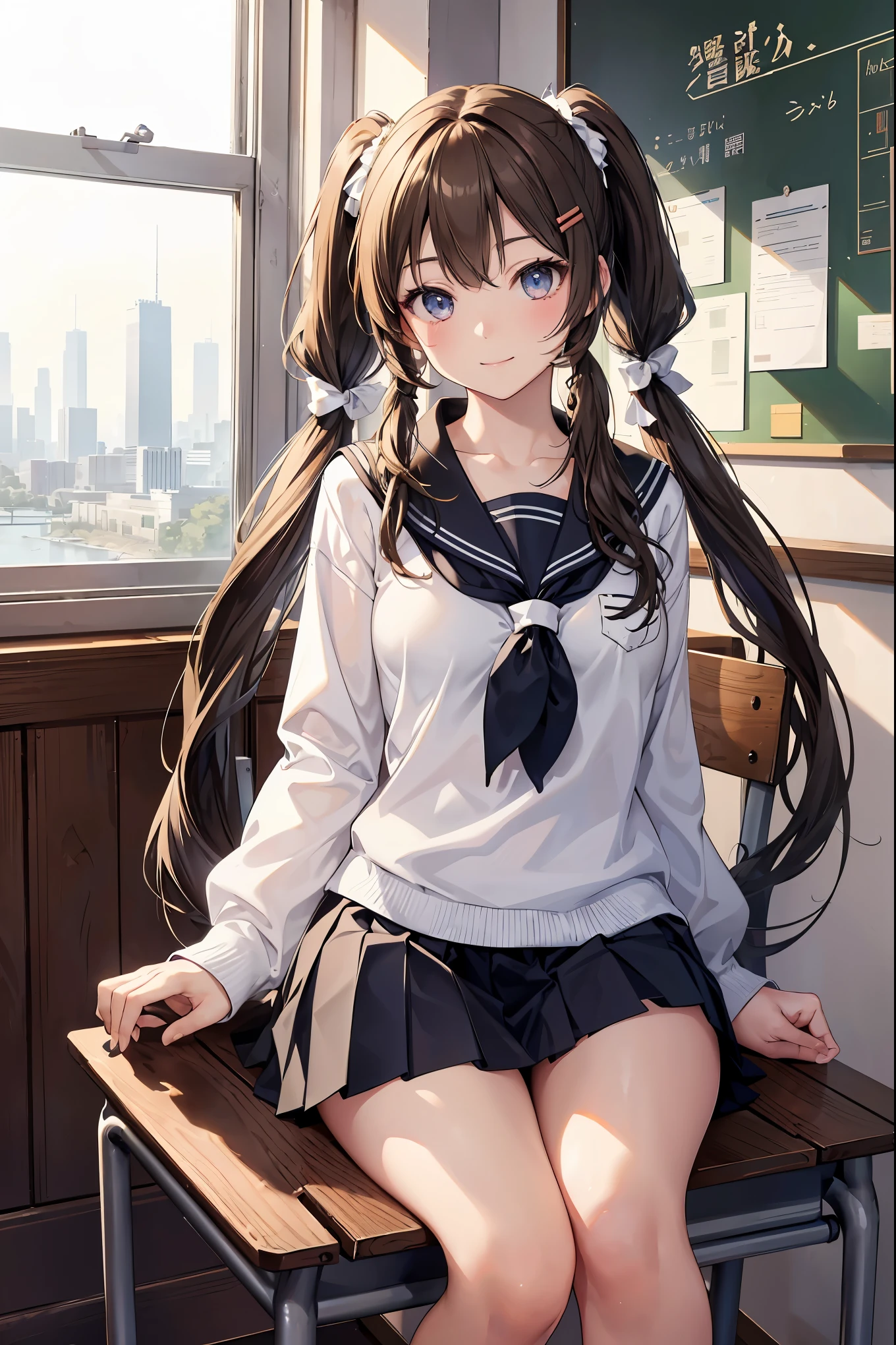 (masterpiece:1.2, top-quality), (realistic, photorealistic:1.4), beautiful illustration, looking at viewer, cowboy shot, front view:0.8, 1 girl, japanese, high school girl, (long hair:1.4), light brown hair, (twin tail:1.7), large breasts:0.8, white skin beautiful hair, beautiful face, beautiful detailed eyes, beautiful clavicle, beautiful body, beautiful chest, beautiful thigh, beautiful legs, beautiful detailed fingers, (beautiful scenery), , classroom, desks, chairs, ((cute school uniform, long sleeves, pleated skirt, sailor collar, scarf)), white panties, shoes, sitting, sit in a chair, smile, peace sign,