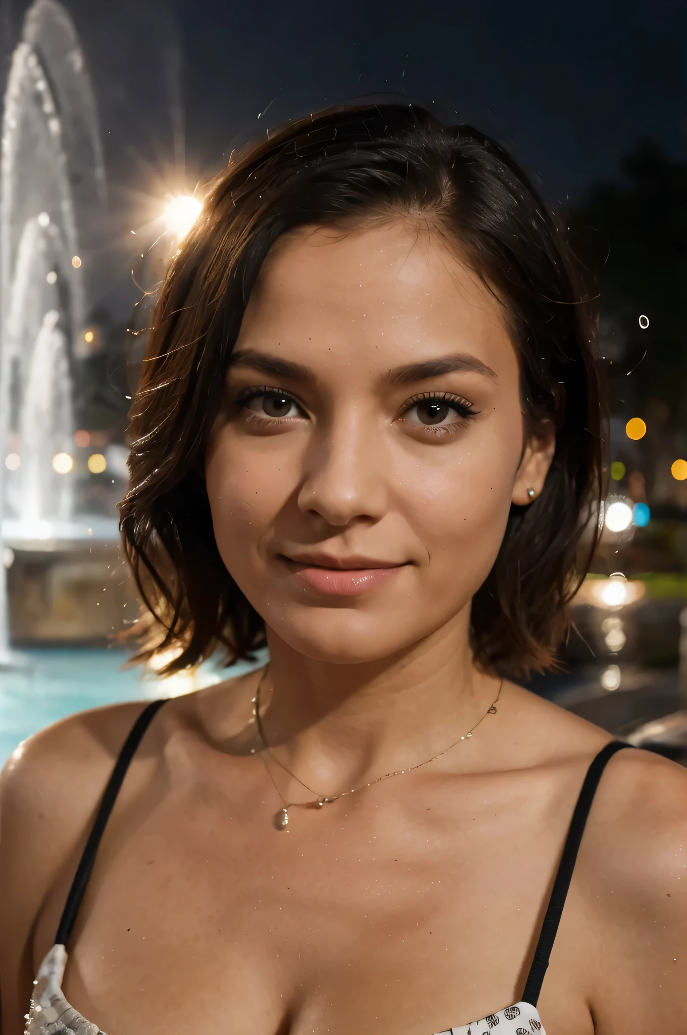 
coloque essa mulher com 60 anos e com muitas rugas no rosto. She is in a square in front of a fountain