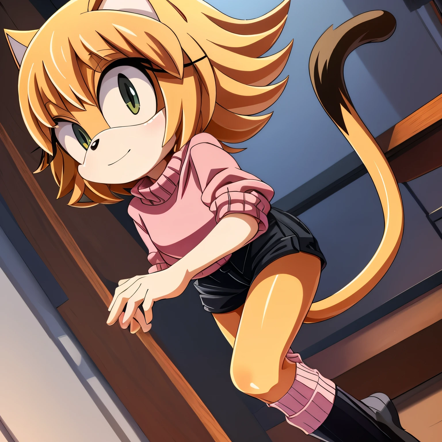 Female, Mobian, Cat, blonde fur, medium hair, shoulder-less pink sweater, black short shorts, black knee-high open toe socks, great detail, ((2D Anime Style))