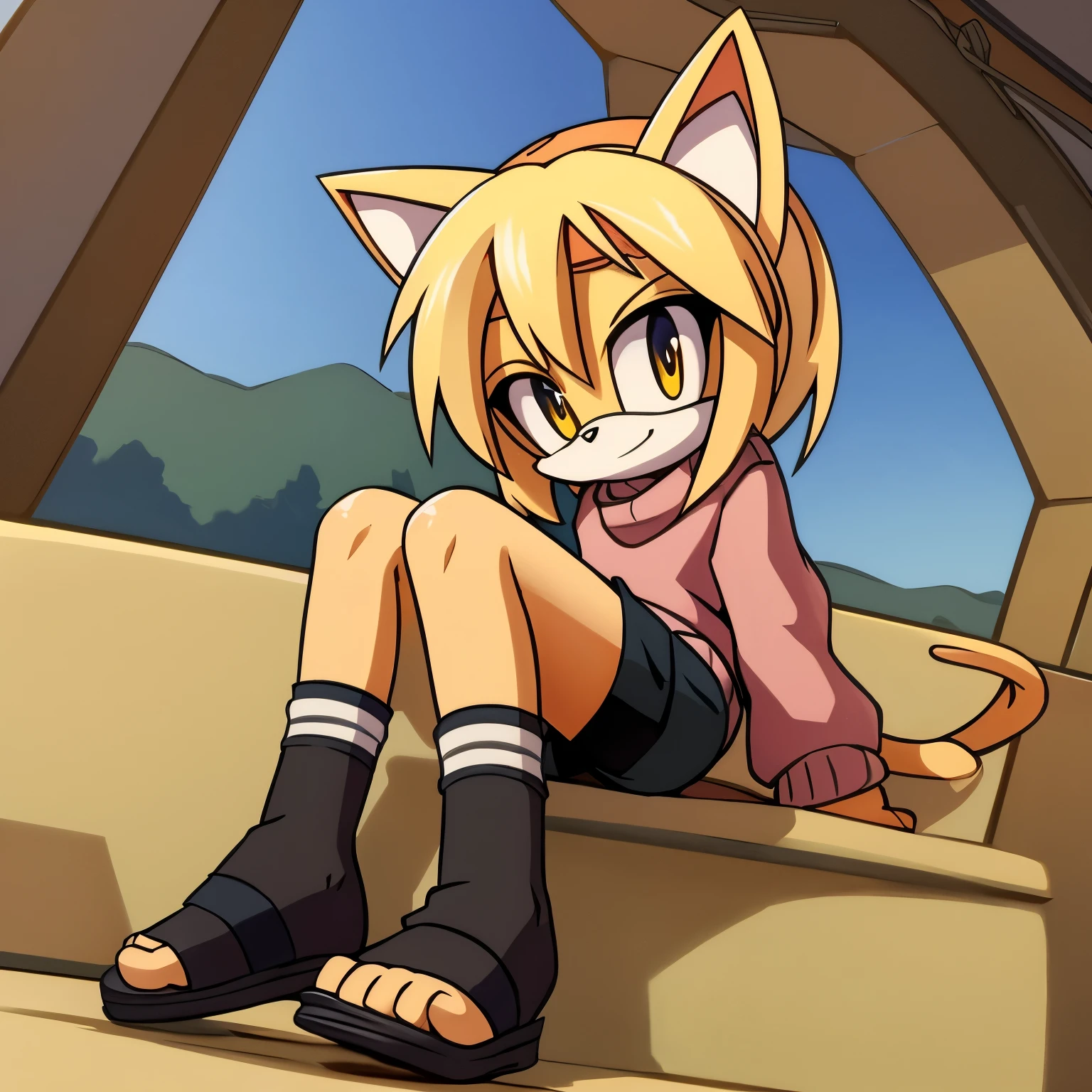 Female, Mobian, Cat, blonde fur, medium hair, shoulder-less pink sweater, black short shorts,  black knee-high open toe socks, great detail, ((2D Anime Style))