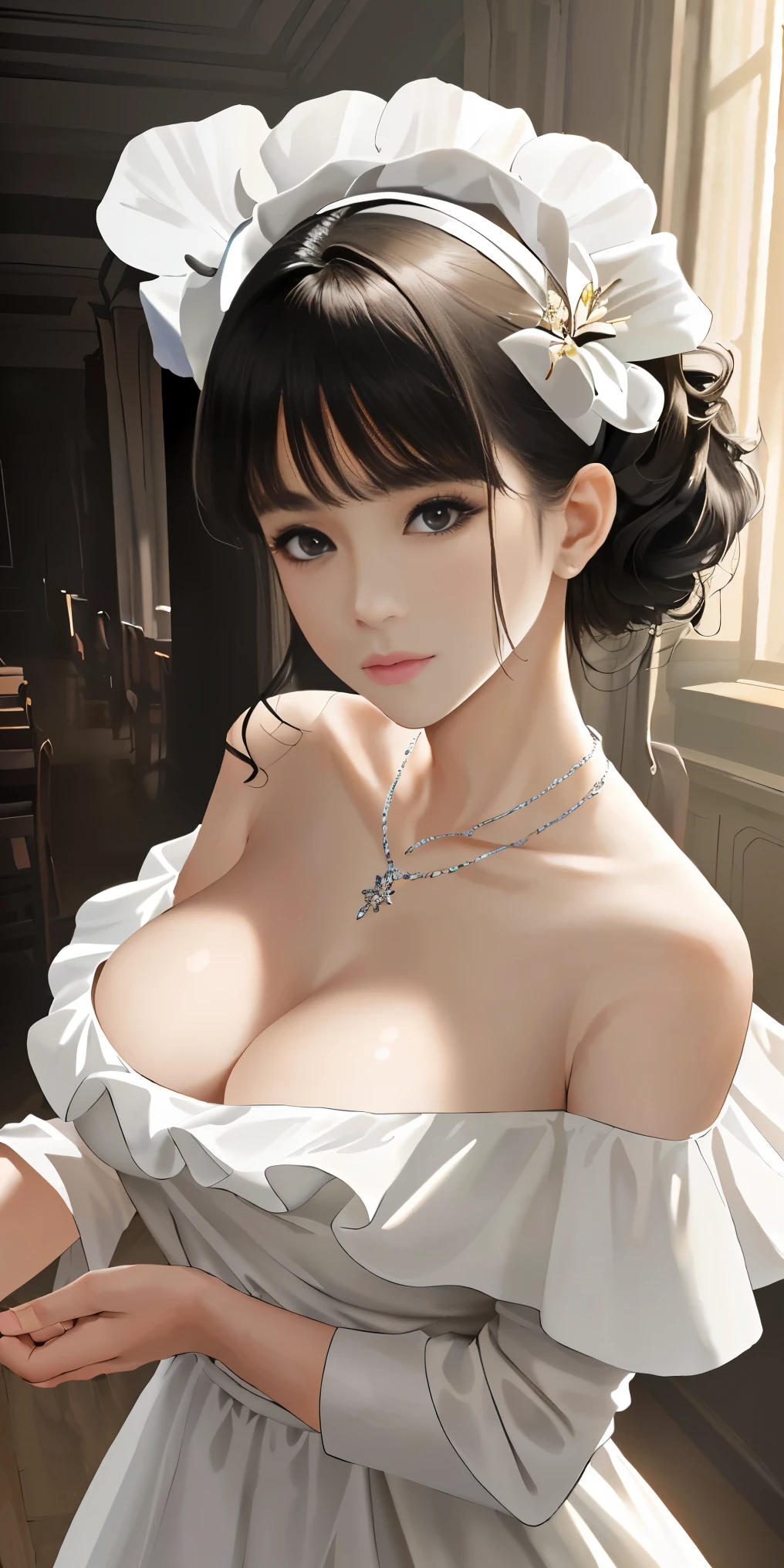 ((beautiful face)), extremely delicate facial,the creamy smooth skin,masterpiece, 1girl, best quality, ultra high res, (photorealistic:1.4),full_body,,tender shining,amazing scene lighting,(In classroom), ((black off-shoulder dress)),Look at the audience,necklace