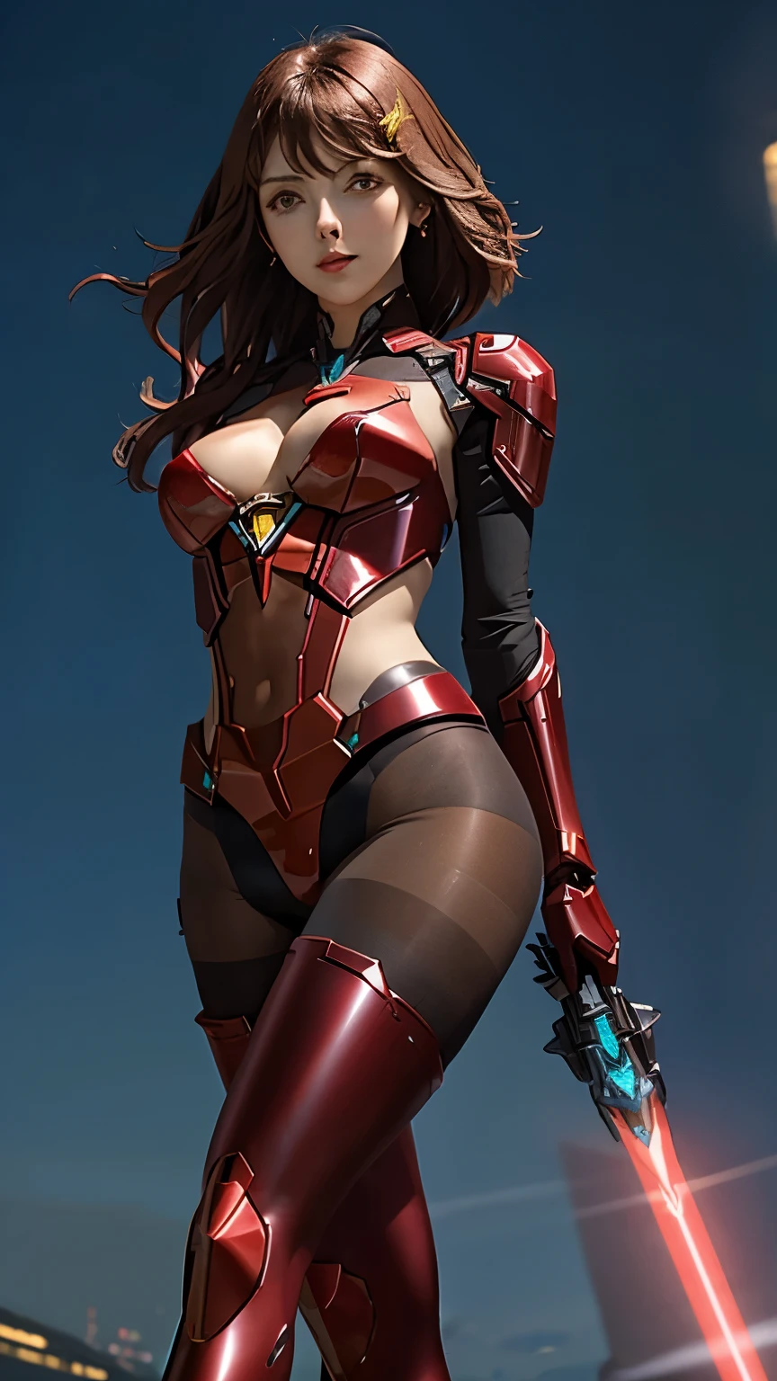 Pyra, from Xenoblade Chronicles 2, dressed in (red futuristic mech:1.3) from the waist up, wearing (shiny sheer brown pantyhose:1.2) on her legs, (huge breasts:1.1), black low wedge heel booties, long straight red hair covering one eye, small hips, small butt, flirty pose, thin, skinny, fit, short, athletic, backdrop of the night sky, masterpiece, 8k, amazing detail, emphasis on her legs and feet,