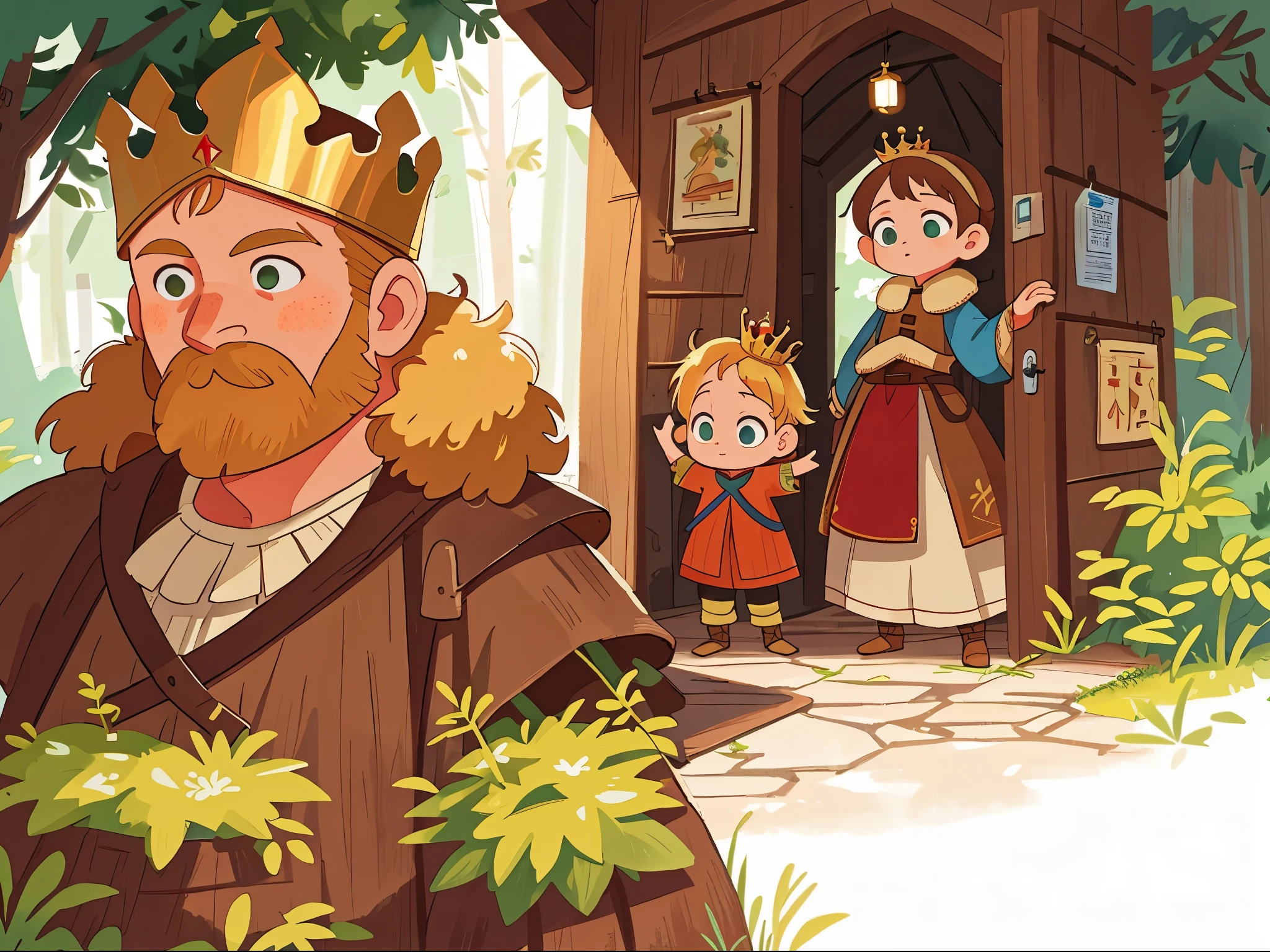 High definition, detailed, ultra detailed,Medieval Europe, medieval clothing, ancient timesStanding nearby is a king with short hair and a crown,A mother holding a 5-year-old boy stood in front of the door in distance,whole body,((blond hair)), watercolor, medieval style,
