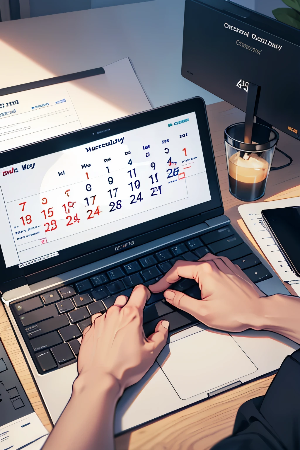 4K Masterpiece: A high-resolution, 4:7 aspect ratio image of a computer screen displaying a digital calendar. The calendar is filled with numerous meeting appointments, represented by miniature calendars or simple text reminders. The background of the screen is a neutral gray, and the cursor hovers over an open email inbox or a blank document, indicating productivity and a busy schedule. The calendar's date displays the current month and day, adding a sense of urgency and organization to the image. The overall tone is professional and efficient.