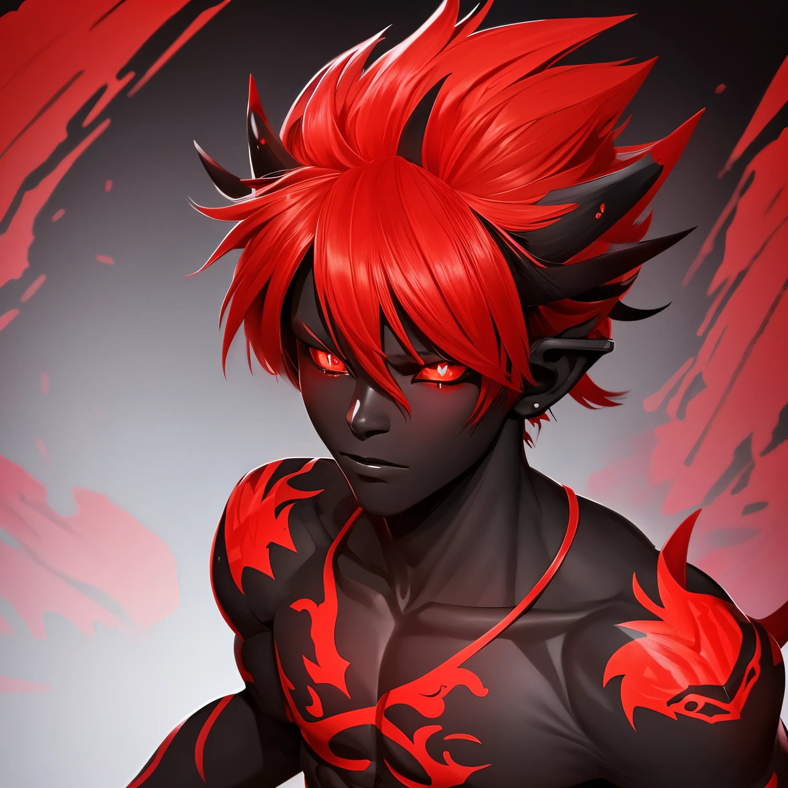 Oni boy with black skin and red eyes and hair