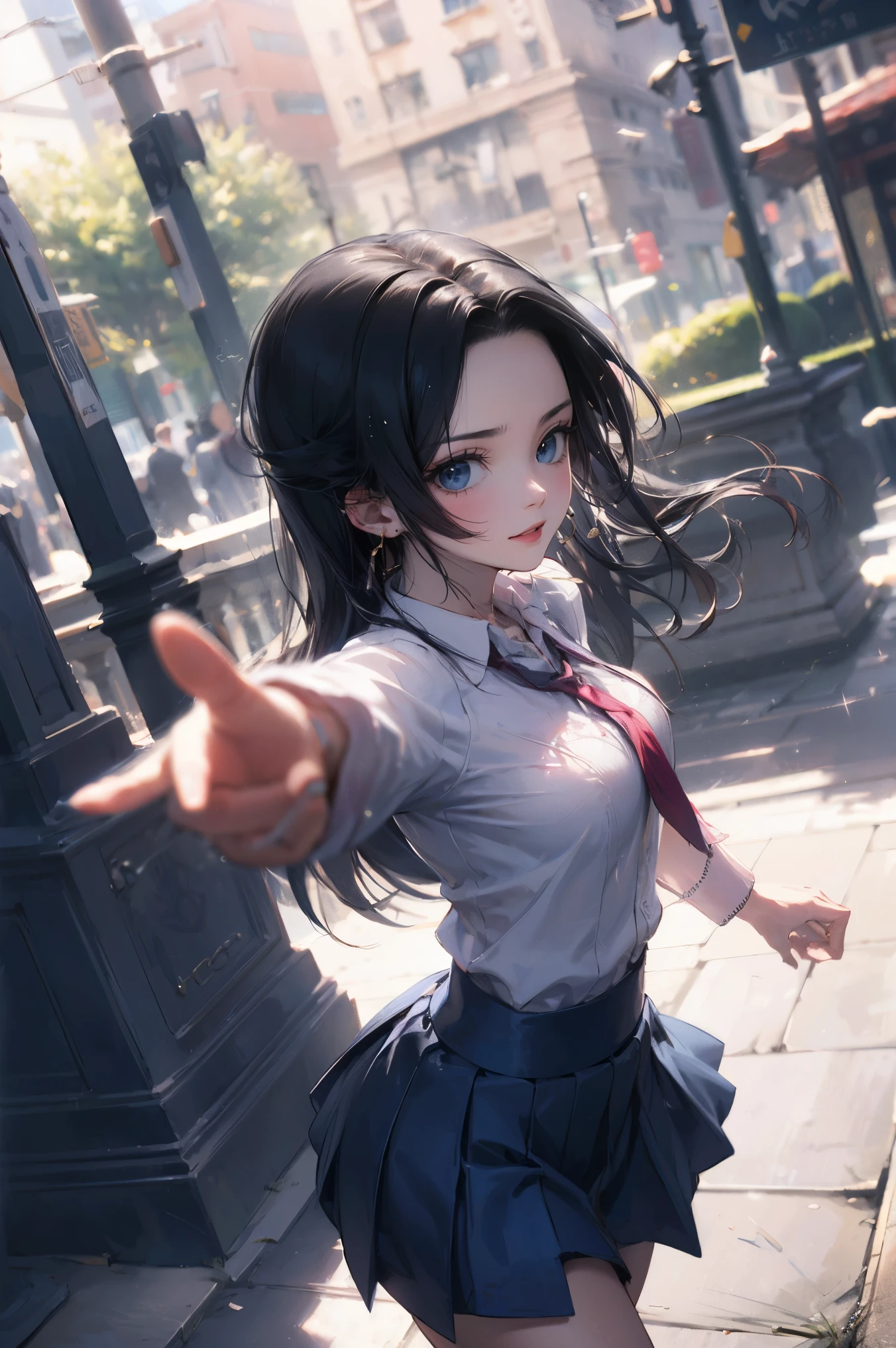 masterpiece, Best Quality, absurderes, Perfect Anatomy, Unity 8k Wallpapers,best anime,dynamic angle、action pose:Slashing、cowboy shot,20 year old beauty、boa hancock,black hair,long hair,center parted bangs,slender body,large breasts,a smile,shy look、Turn your body to the viewer,standing,School uniform、White long-sleeved shirt、collared shirt、Dark blue pleated mini skirt、outdoor、shrine、