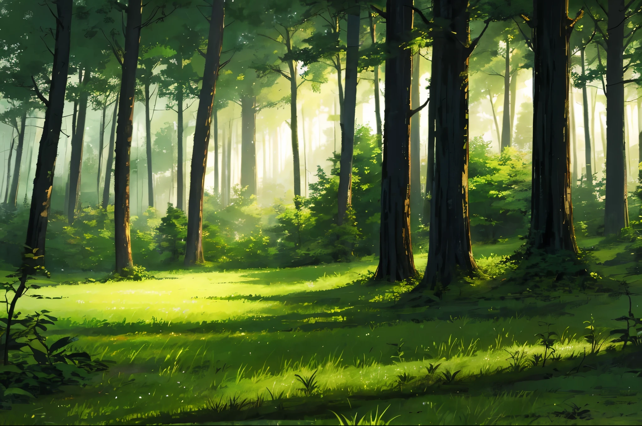 scenery, dense forest, starting night light, grass on floor, high quality, masterpiece, anime style