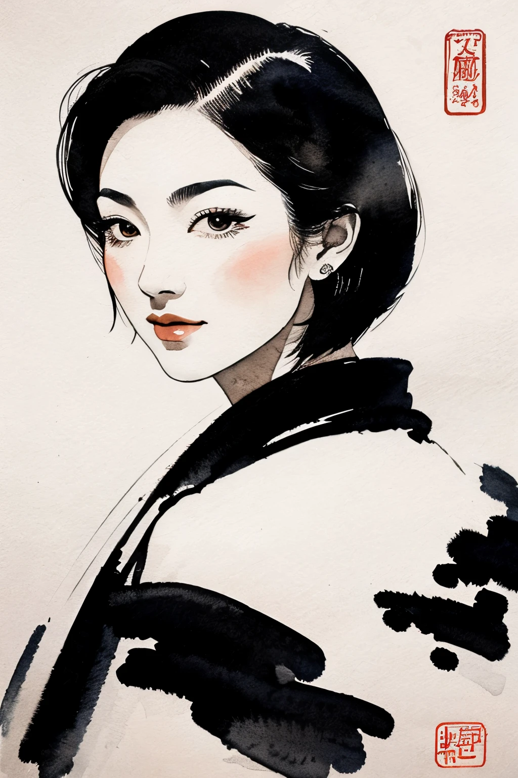 masterpiece, best quality, tradition chinese ink paintings:1.3, watercolor, use thick and light inks to create light and dark changes and layers, black and white tones, a beautiful 30s Japanese woman, short hair, ultra detailed face, looking at viewer, poker face
