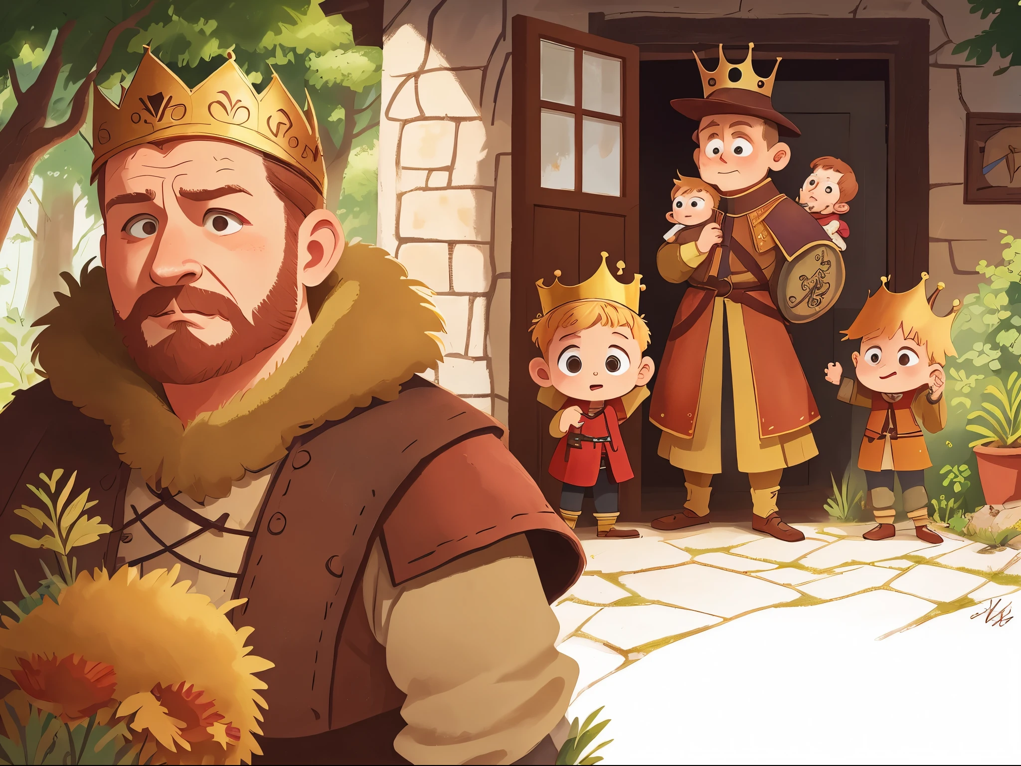 High definition, detailed, ultra detailed,Medieval Europe, medieval clothing, ancient timesStanding nearby is a king with short hair and a crown,A mother holding a 5-year-old boy stood in front of the door in distance,whole body,((blond hair)), watercolor, medieval style,